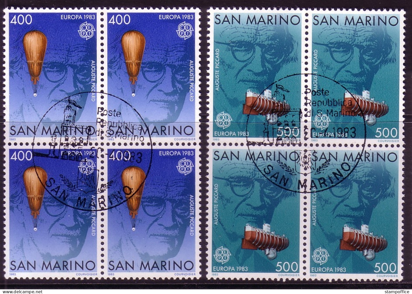 SAN MARINO MI-NR. 1278-1279 GESTEMPELT(USED) 4er BLOCK EUROPA 1983 GROSSE WERKE STRATOSPHÄRENBALLON BATHYSCAPH - 1983