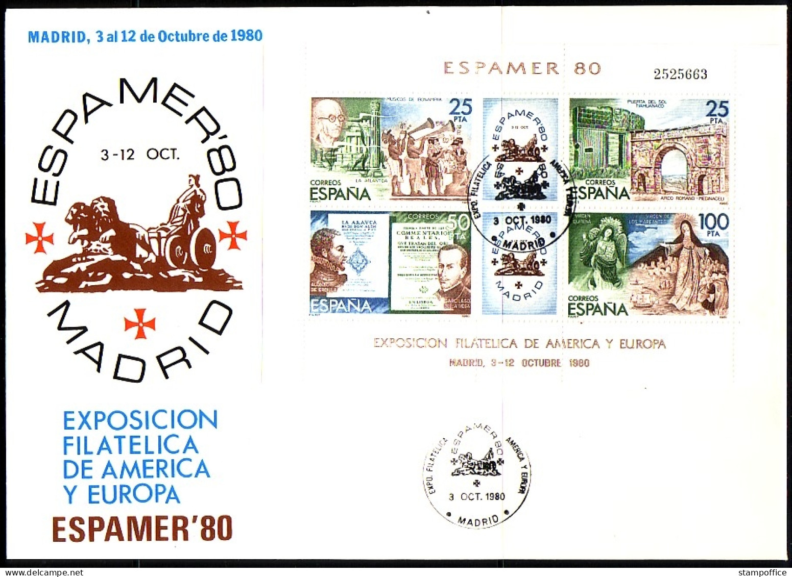 SPANIEN BLOCK 21 FDC ESPAMER '80 BRIEFMARKENAUSSTELLUNG MADRID MIT EINTRITTSKARTE - FDC