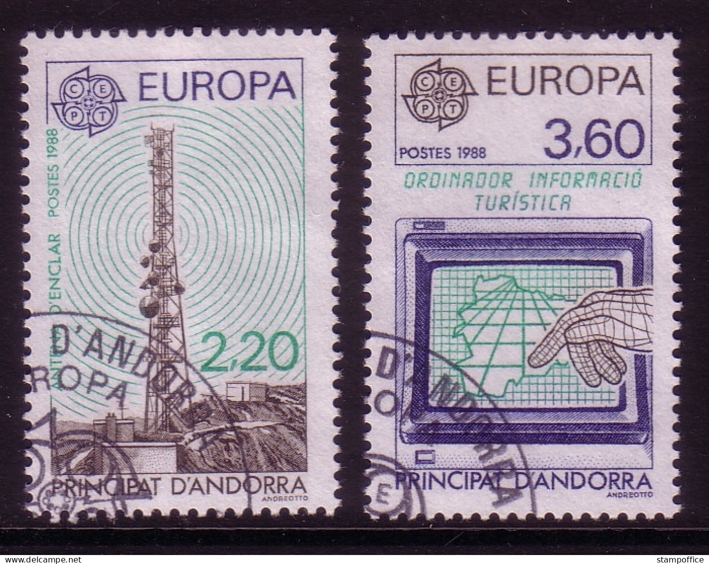 ANDORRA FRANZÖSISCH MI-NR. 390-391 GESTEMPELT(USED) EUROPA 1988 TRANSPORT- UND KOMMUNIKATIONSMITTEL FUNKTURM COMPUTER - 1988