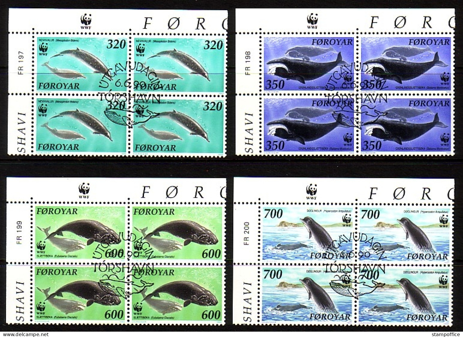 FÄRÖER MI-NR. 203-206 GESTEMPELT(USED) 4er BLOCK FISCHE WALE 1990 - Färöer Inseln