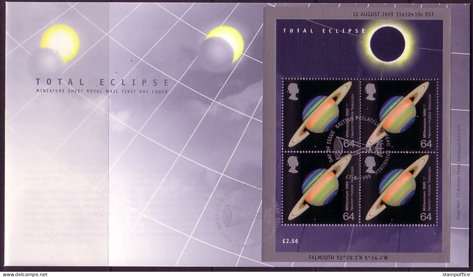 GROSSBRITANNIEN BLOCK 7 FDC TOTAL ECLIPSE SONNENFINSTERNIS 1999 - Blocks & Miniature Sheets