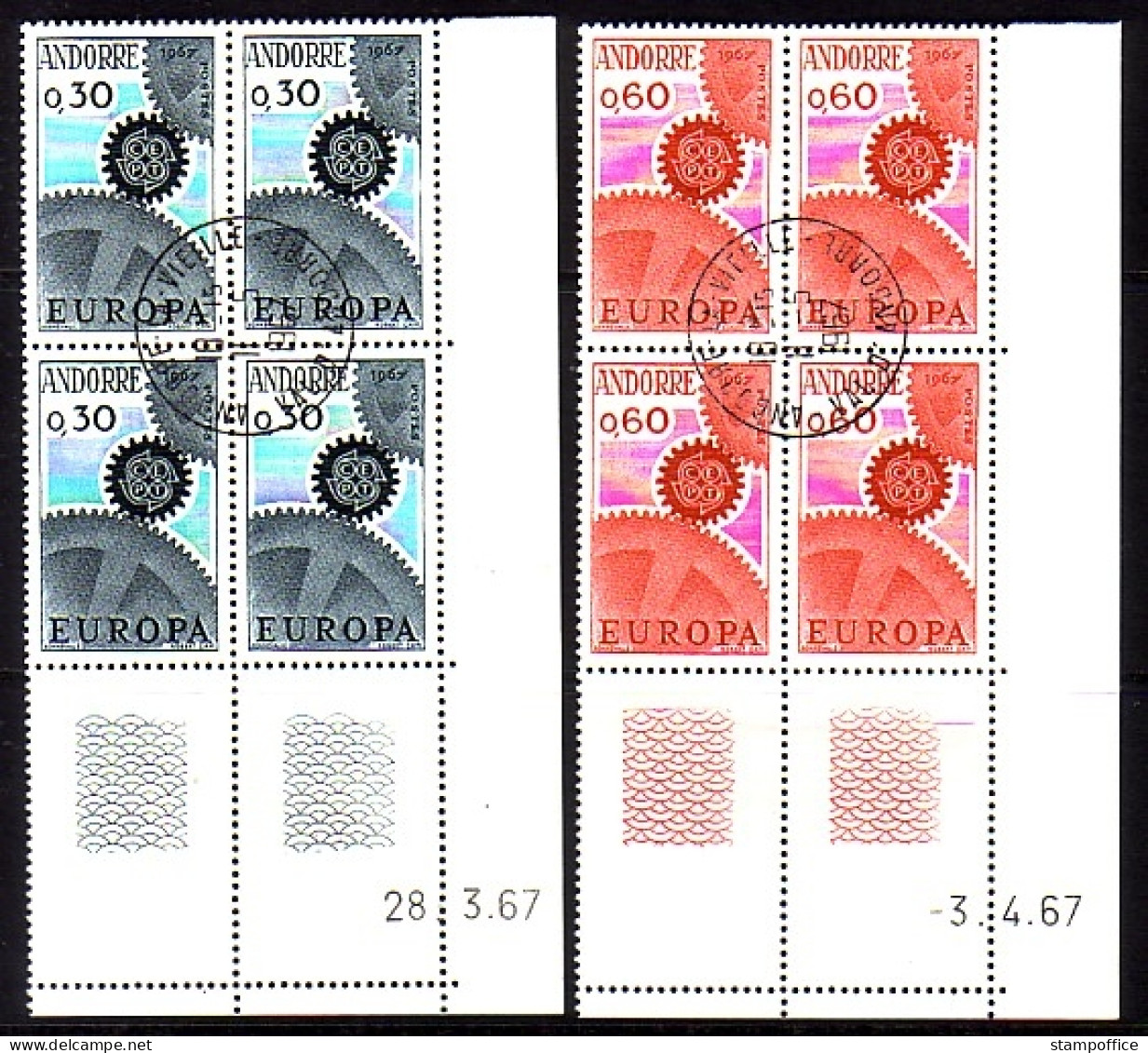 ANDORRA FRANZÖSISCH MI-NR. 199-200 GESTEMPELT(USED) 4er BLOCK EUROPA CEPT 1967 - 1967