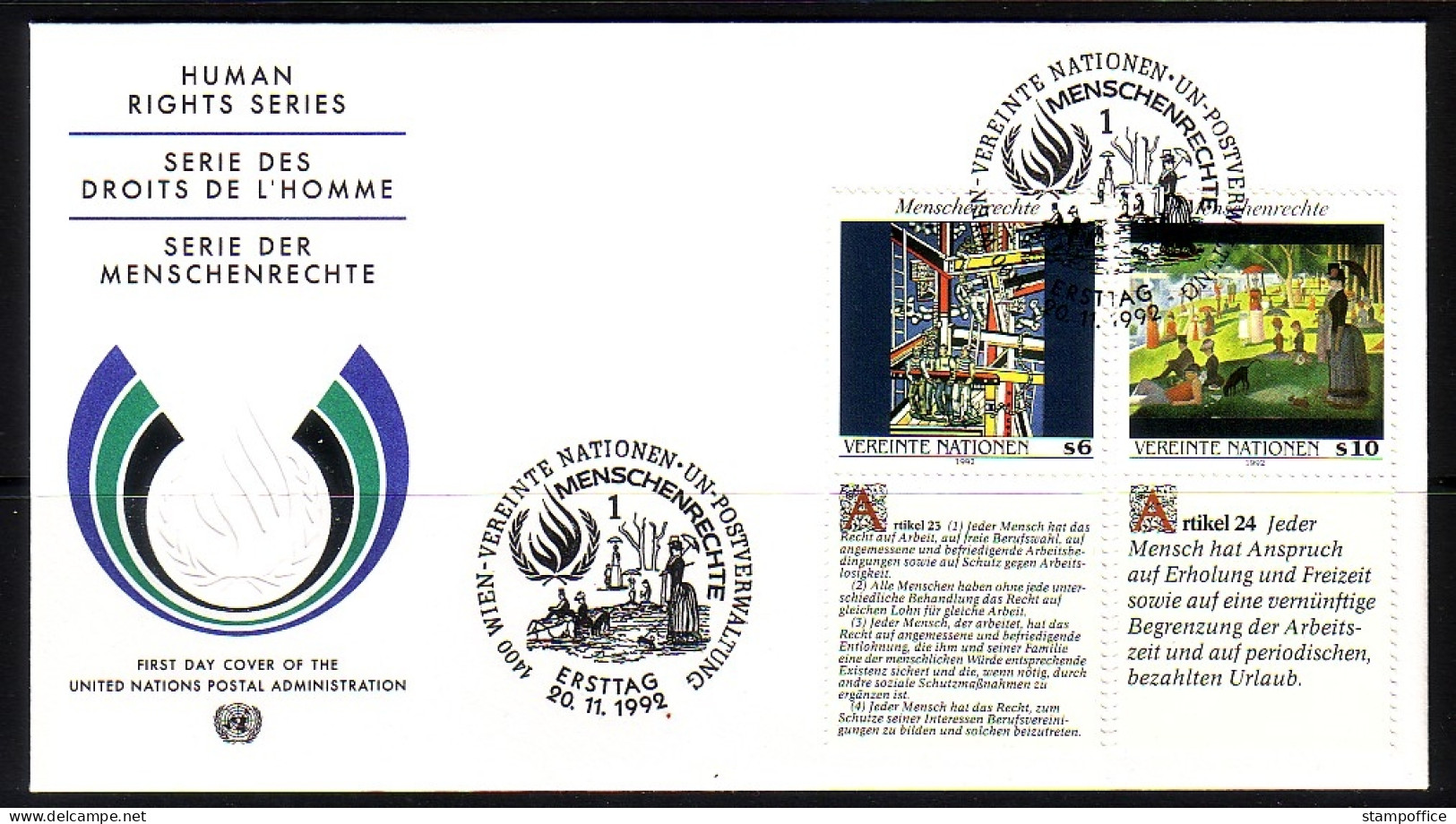 UNO WIEN MI-NR. 139-140 FDC MENSCHENRECHTE 1992 - FERNAND LEGER TEXT DEUTSCH - FDC