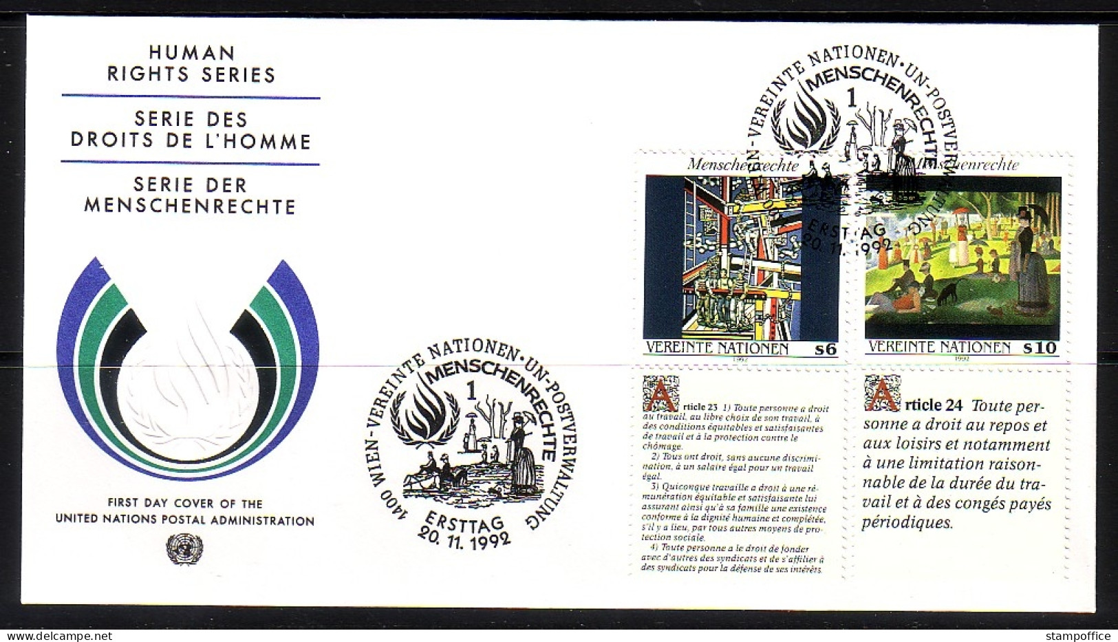 UNO WIEN MI-NR. 139-140 FDC MENSCHENRECHTE 1992 - FERNAND LEGER TEXT FRANZÖSISCH - FDC