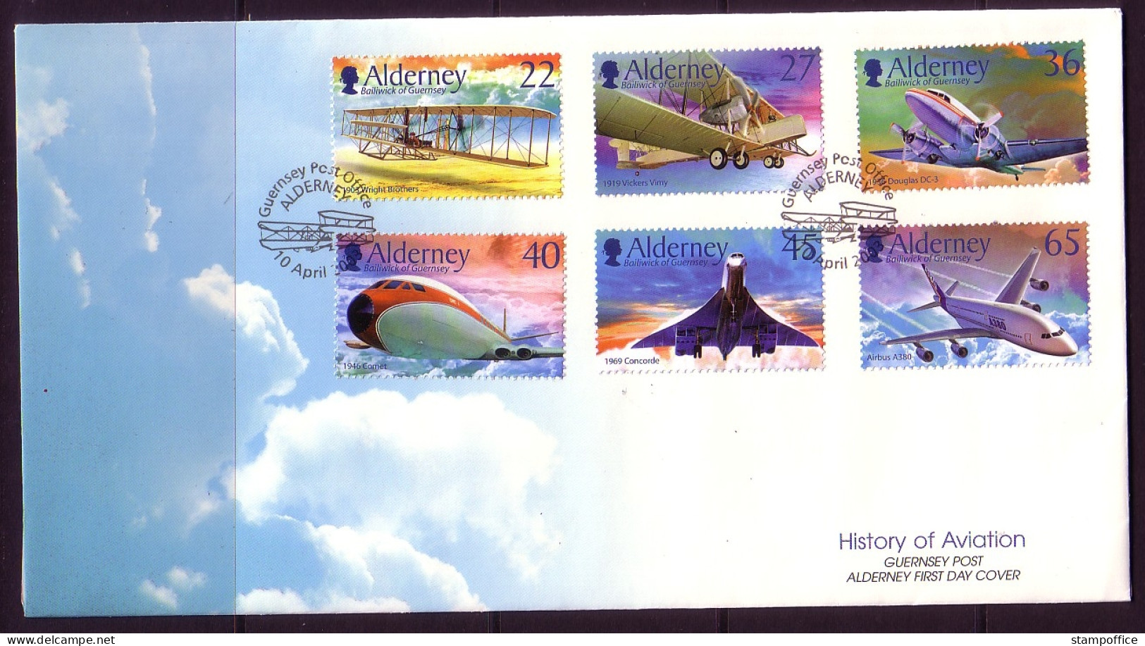 ALDERNEY MI-NR. 206-211 FDC 100 JAHRE MOTORFLUG FLUGZEUGE 2003 - Alderney