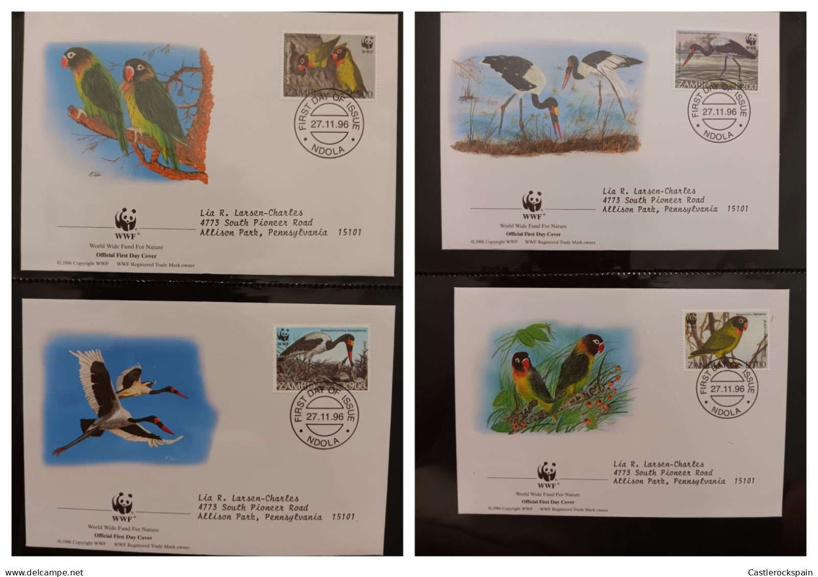 O) 1996 ZAMBIA, WORLD WILDLIFE FUND - WWF, BIRDS, SADDLE BILLED, BALCK CHEEKED, TWO BLACK LOVEBIRDS, SADDLE BILLED STORK - Zambie (1965-...)