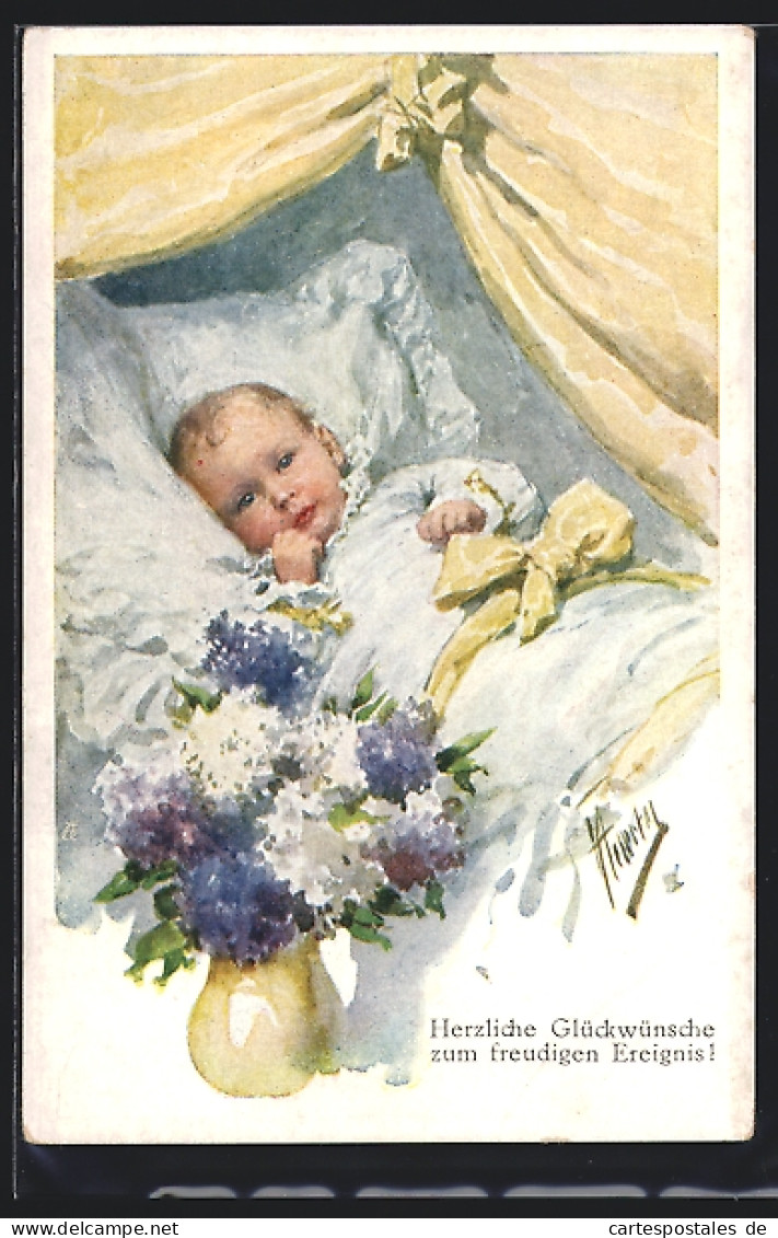 Künstler-AK Karl Feiertag: Kleinkind Im Bett, Vase Mit Blumen  - Feiertag, Karl