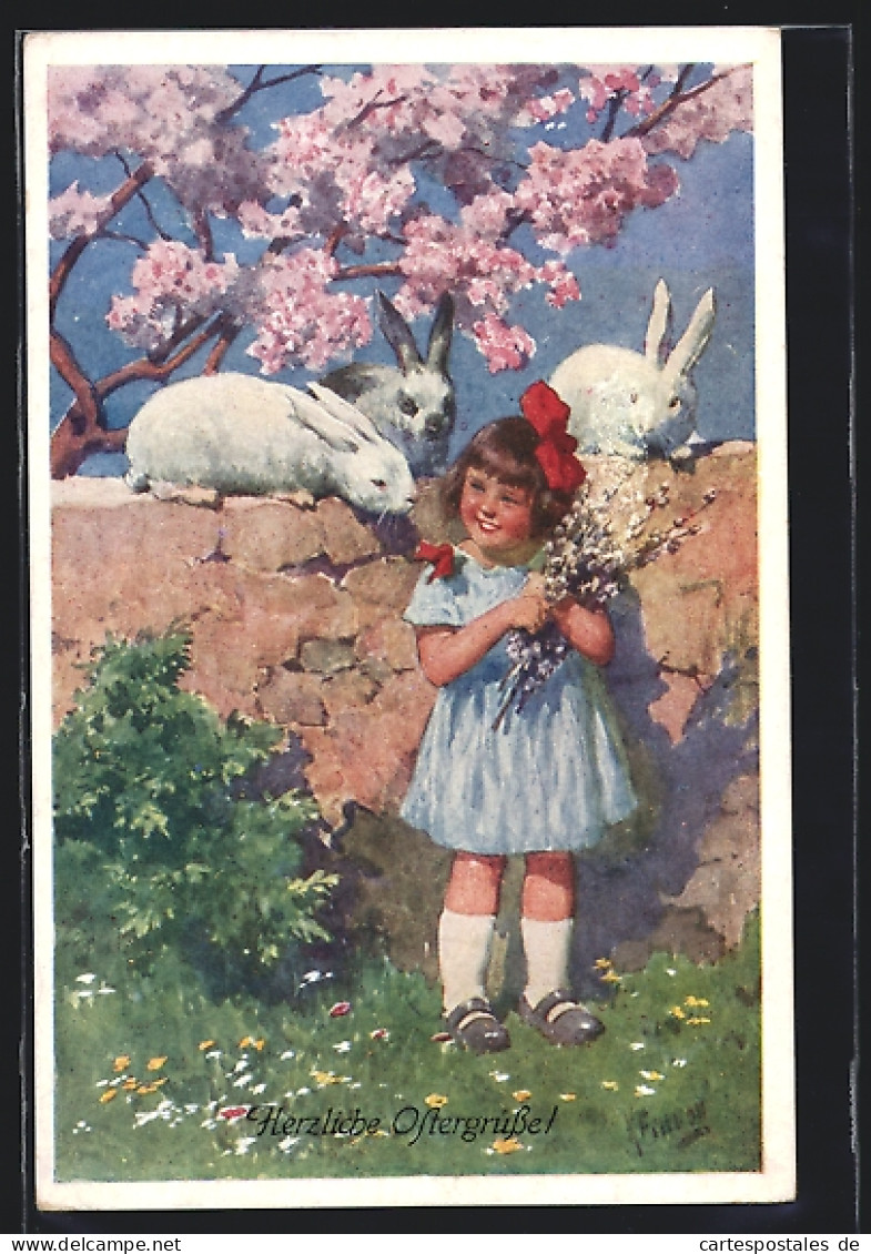 Künstler-AK Karl Feiertag: Mädchen Betrachtet Die Kaninchen Auf Der Mauer  - Feiertag, Karl