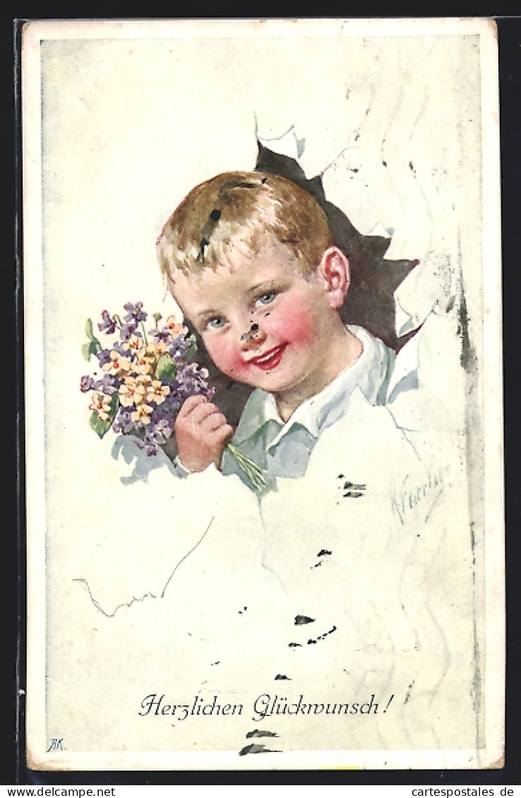 Künstler-AK Karl Feiertag: Porträt Eines Kleinen Jungen Mit Blumen In Der Hand  - Feiertag, Karl