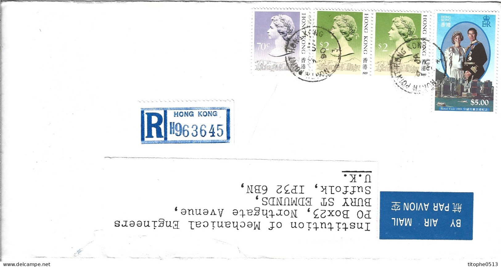 HONG KONG. N°589 De 1989 Sur Enveloppe Ayant Circulé. Prince Charles Et Diana. - Storia Postale