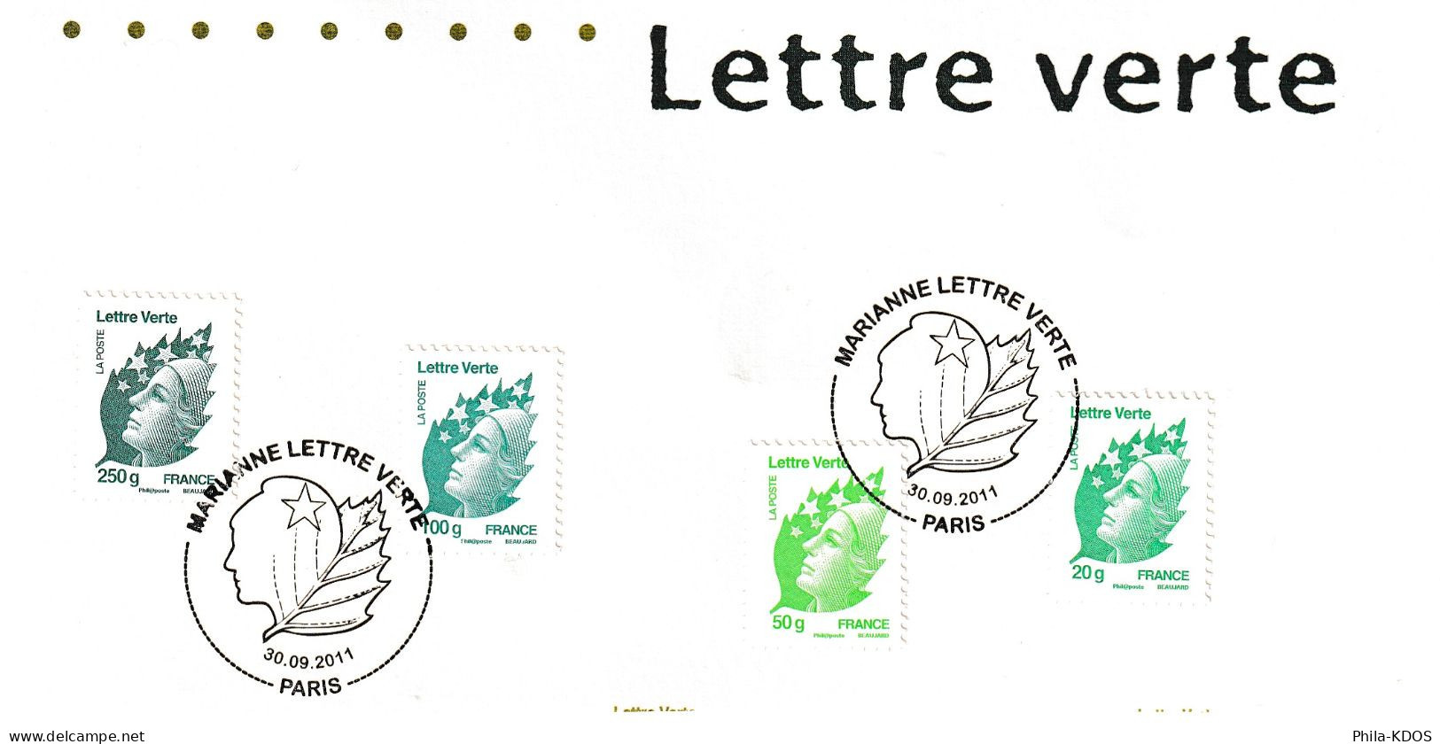 2011 (sous La Faciale) " LA LETTRE VERTE / MARIANNE DE BEAUJARD " Sur Support Oblitéré 1°Jour. N° YT 4593 à 96 - 2008-2013 Marianna Di Beaujard