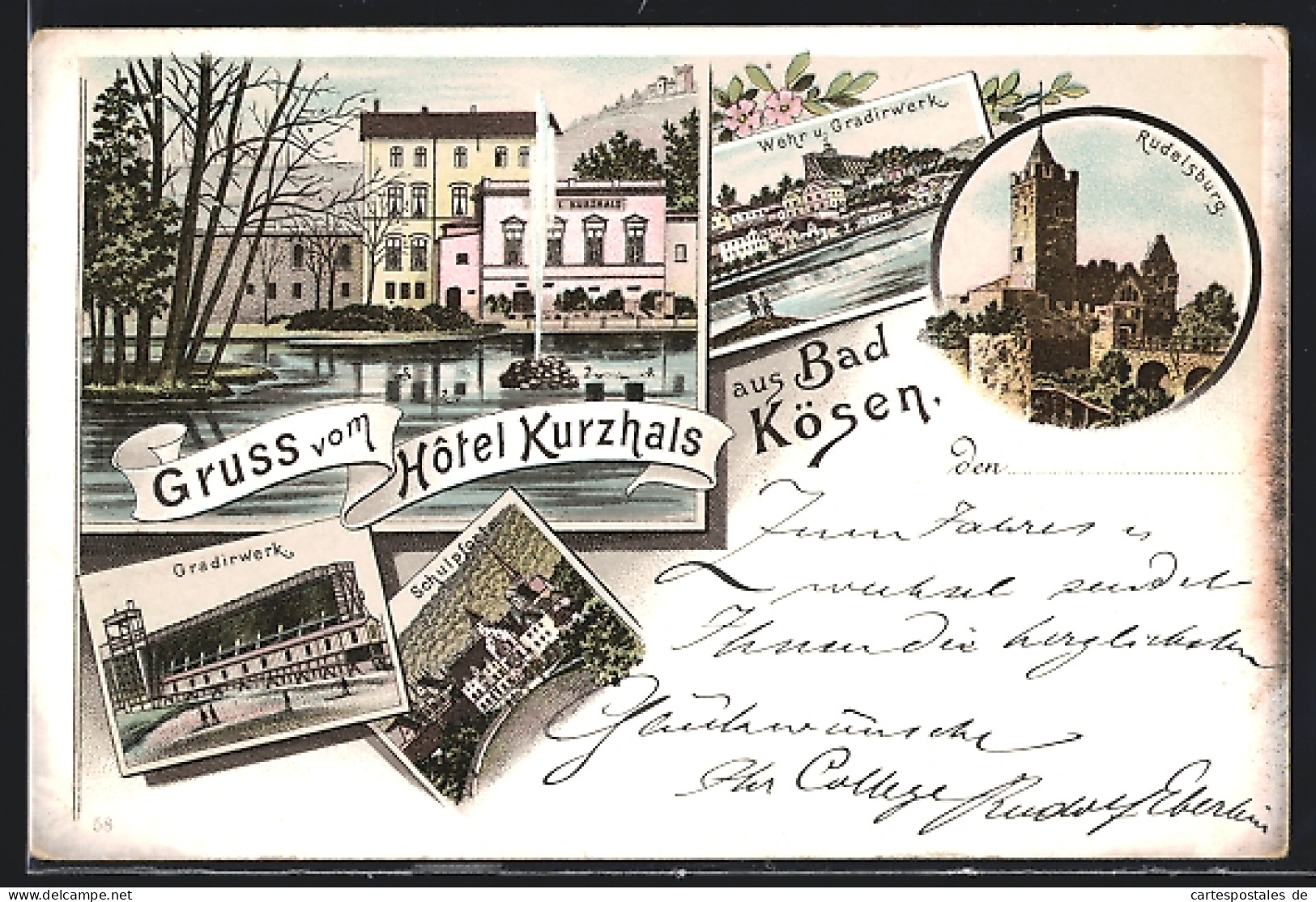 Lithographie Bad Kösen, Hotel Kurzhals, Gradierwerk, Rudelsburg  - Bad Koesen