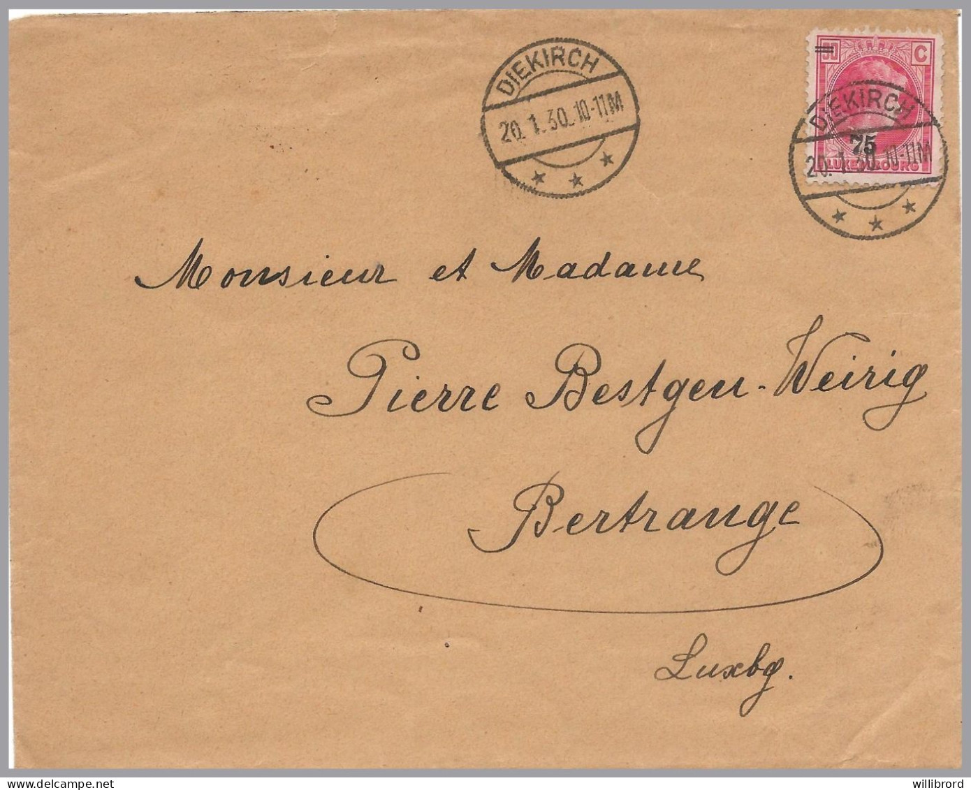 LUXEMBOURG - DIEKIRCH T-34 Cds 1930 To Bertrange - 75c/90c Charlotte 2nd Issue Sole Domestic Use - Briefe U. Dokumente