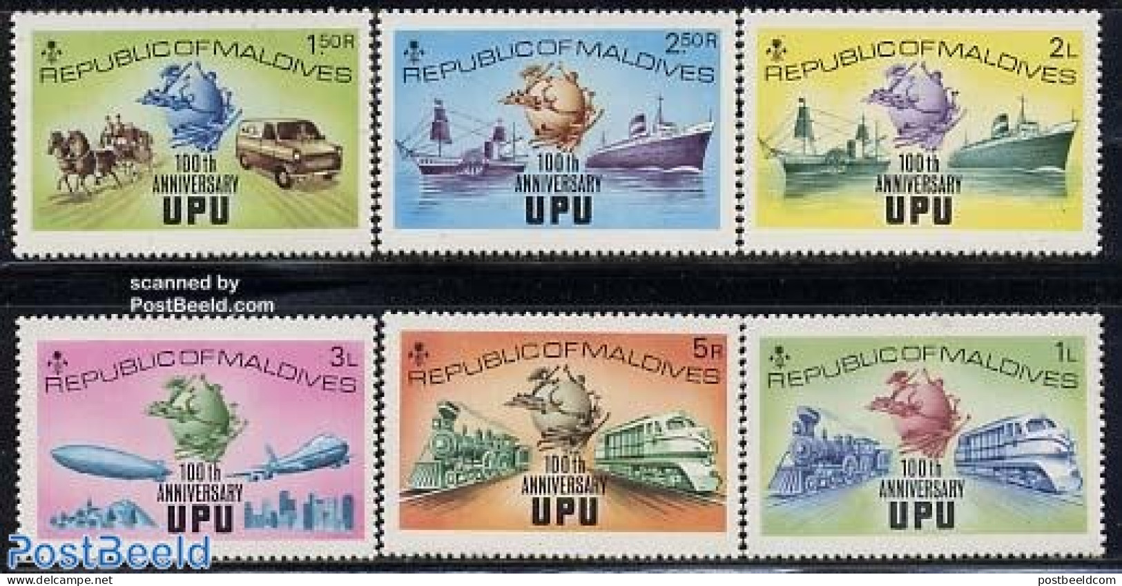 Maldives 1974 UPU Centenary 6v, Mint NH, Nature - Transport - Horses - U.P.U. - Automobiles - Coaches - Aircraft & Avi.. - U.P.U.