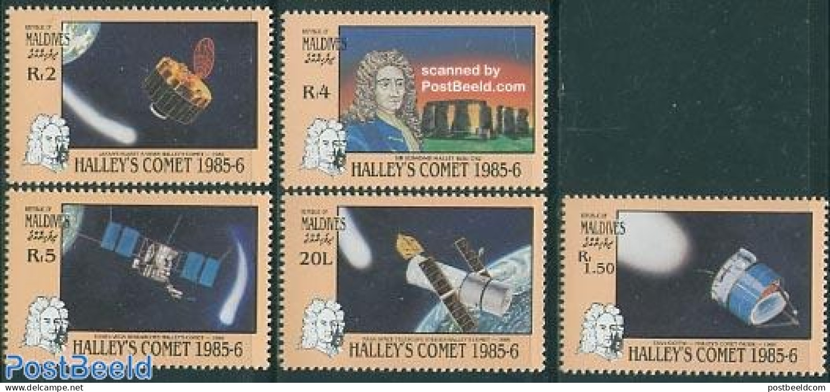 Maldives 1986 Halleys Comet 5v, Mint NH, Science - Transport - Astronomy - Space Exploration - Halley's Comet - Astrologie