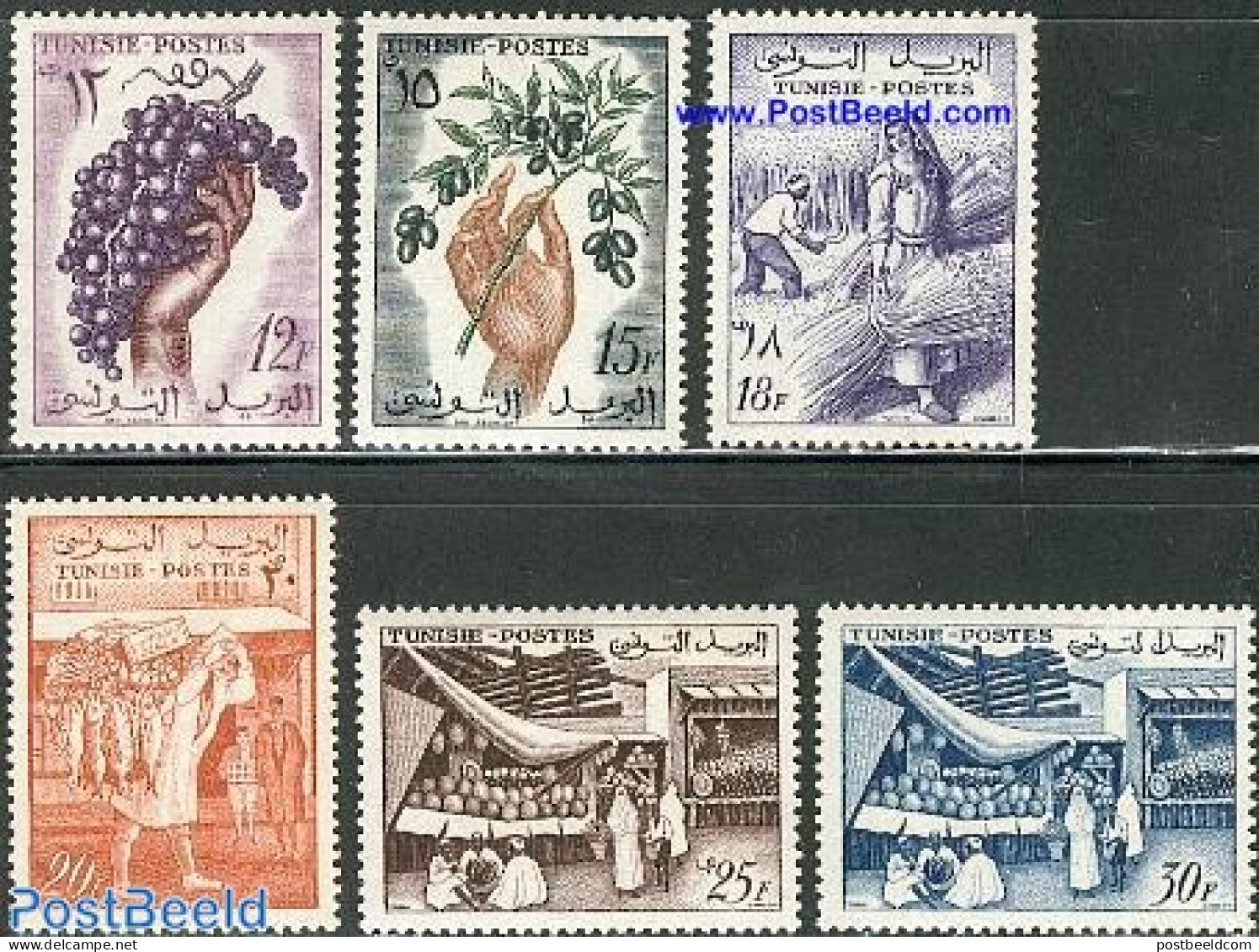 Tunisia 1956 Land Products 6v, Mint NH, Nature - Various - Fruit - Wine & Winery - Agriculture - Fruit