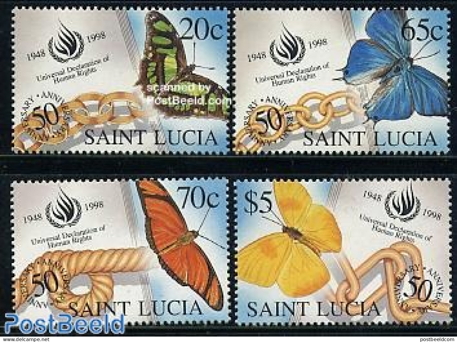 Saint Lucia 1998 Human Rights 4v, Butterflies, Mint NH, History - Nature - Human Rights - Butterflies - St.Lucie (1979-...)