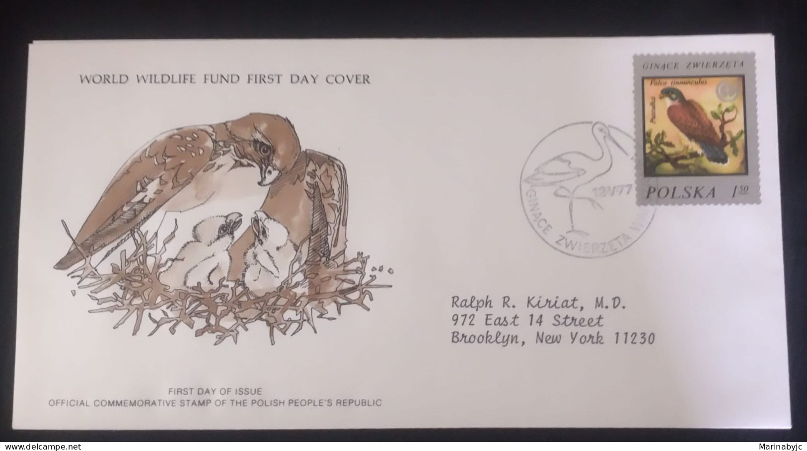 EL)1977 POLAND, WORLD WILDLIFE FUND, WWF, FAUNA IN DANGER OF EXTINCTION, KESTREL, CIRCULATED TO NEW YORK - USA, FDC - Ongebruikt