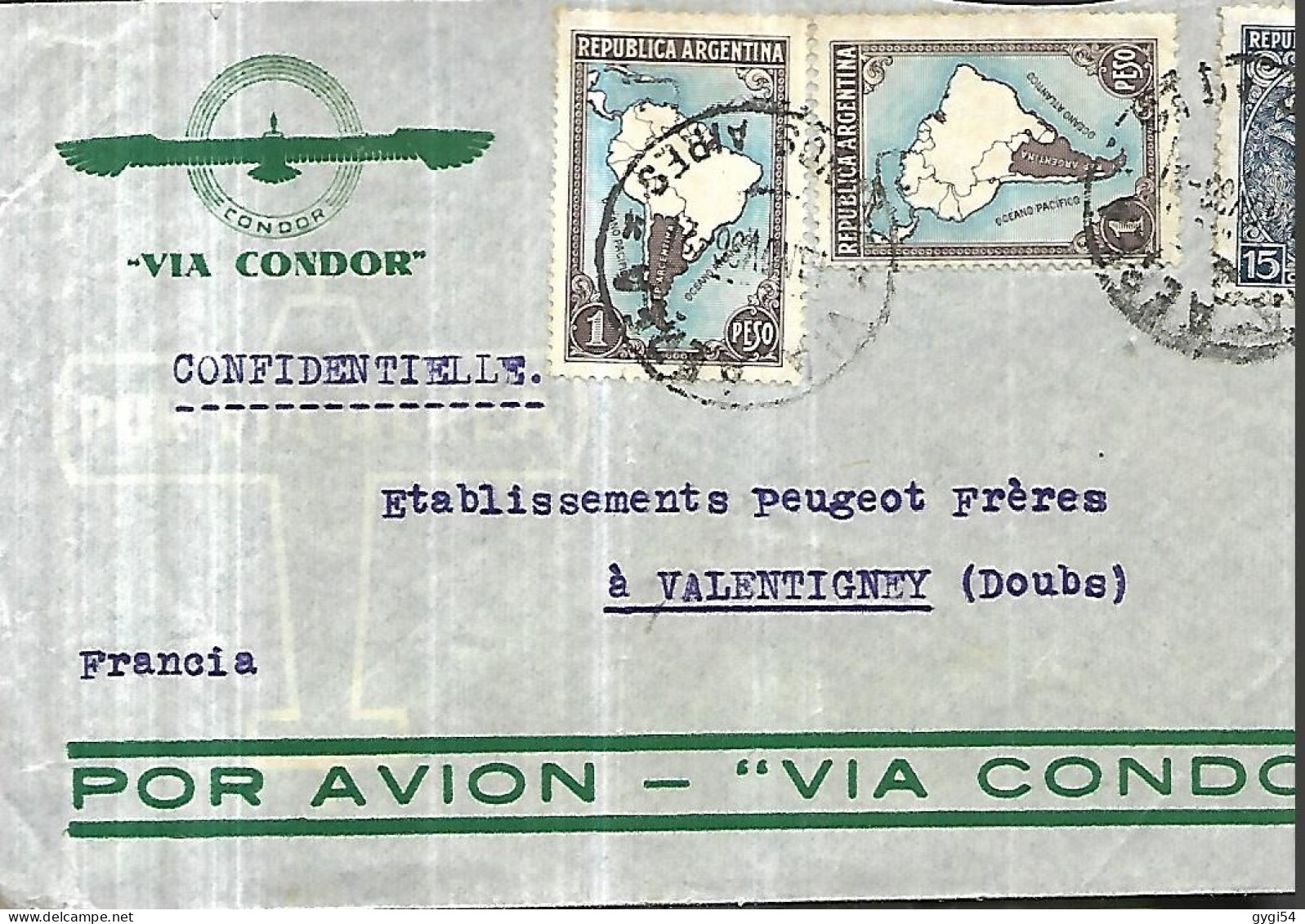 Argentine Lettre Via Condor Confidentielle  1936 De Buenos Aires Pour Valentigney ( Ets PEUGEOT Dans Le Doubs ) - Buenos Aires (1858-1864)