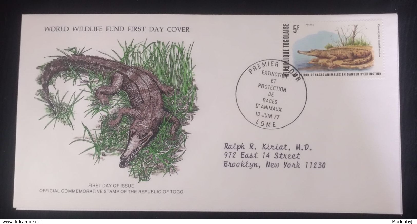 EL)1977 TOGO WORLD WILDLIFE FUND, WWF, AFRICAN SLENDER-SNOUTED CROCODILE, CIRCULATED TO NEW YORK - USA, FDC - Togo (1960-...)