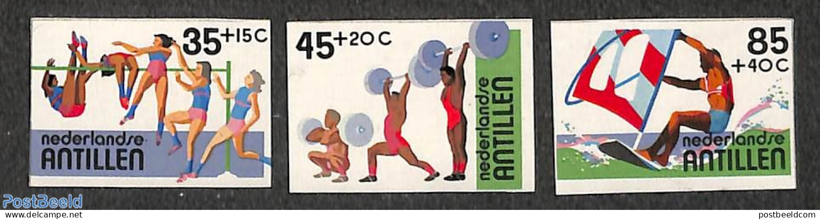Netherlands Antilles 1983 Sport 3v, Imperforated, Mint NH, Sport - Sailing - Sport (other And Mixed) - Weightlifting - Voile