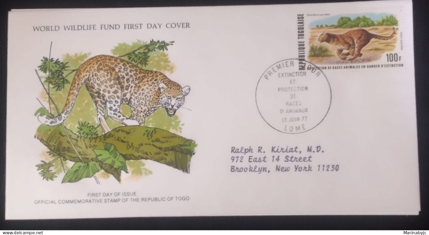 EL)1977 TOGO, WORLD WILDLIFE FUND, WWF, LEOPARD, CIRCULATED TO NEW YORK - USA, FDC - Togo (1960-...)