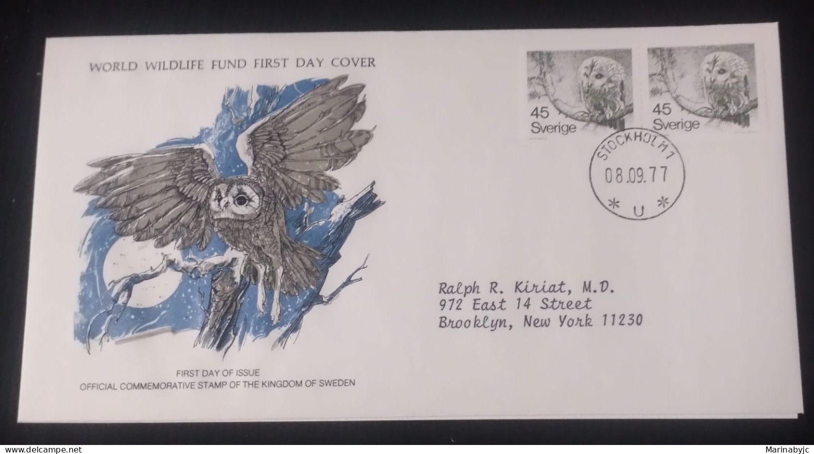 EL)1977 SWEDEN, WORLD WILDLIFE FUND, WWF, OWL, CIRCULATED TO NEW YORK - USA, FDC - Unused Stamps