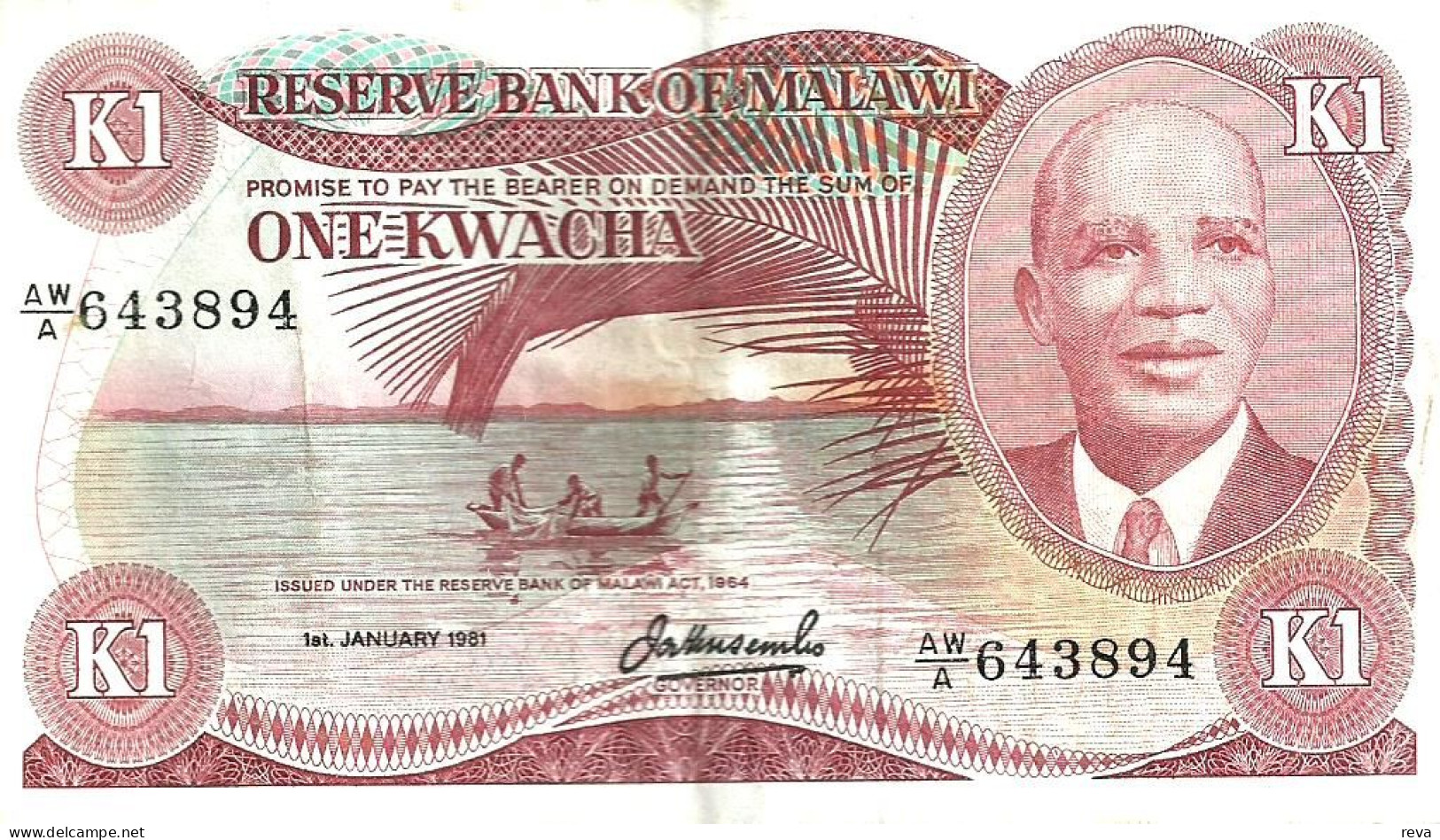 MALAWI 1 KWACHA PURPLE MAN FRONT LANDSCAPE MAN BACK DATED 01-01-1981 P.14 F+ READ DESCRIPTION - Malawi