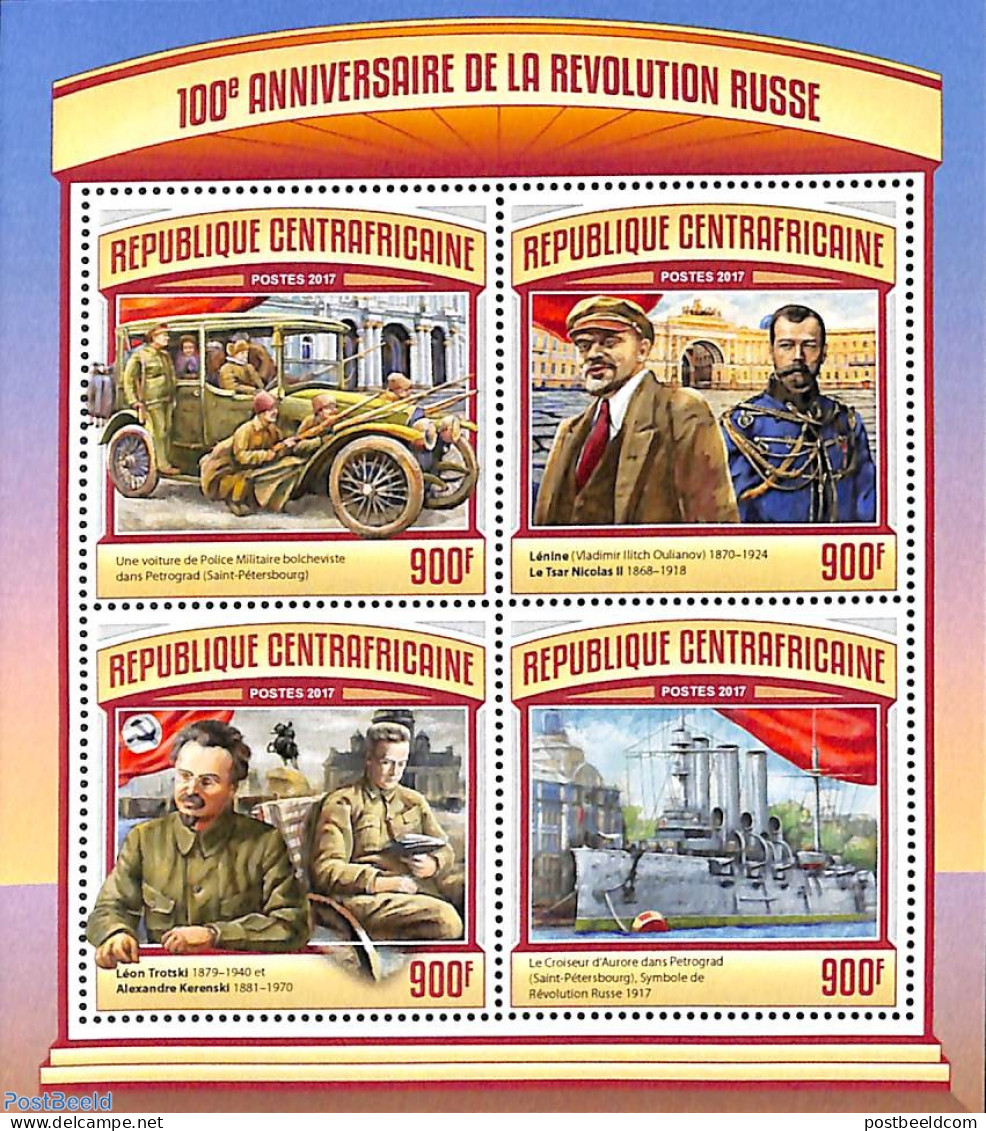 Central Africa 2017 Russian Revolution 4v M/s, Mint NH, History - Transport - Lenin - Russian Revolution - Automobiles.. - Lenin
