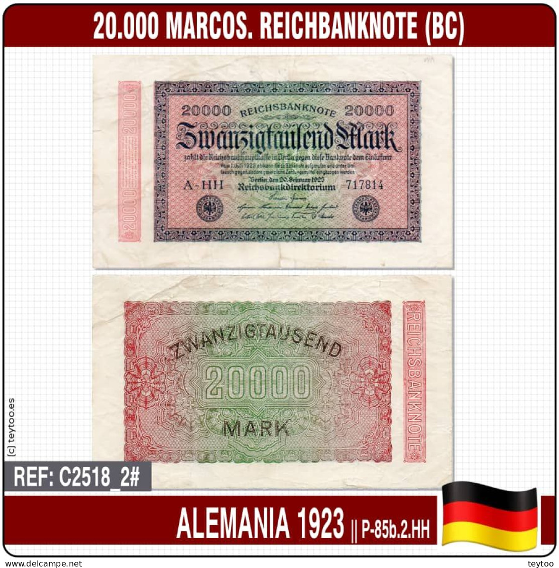 C2518_2# Alemania 1923. 20.000 Marcos. Reichbanknote (BC) P-85b.2.HH - 20.000 Mark