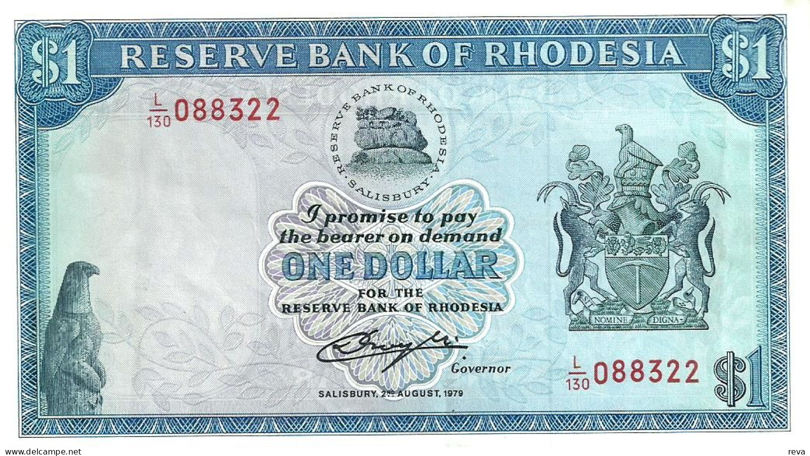 RHODESIA $1 BLUE EMBLEM FRONT CROP FIELD  BACK DATED 02-08-1979 P.30c VF READ DESCRIPTION!! - Rhodésie