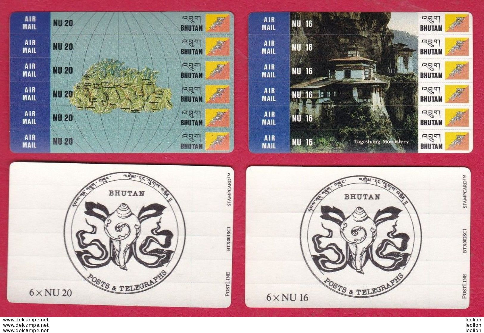 BHUTAN Xmas Offer 1994 2x Stampcard 6x 16 Nu And 6x 20 Nu Stamps Tagtshang Monastery, Map Of Bhutan & Flag Bhoutan - Bhoutan