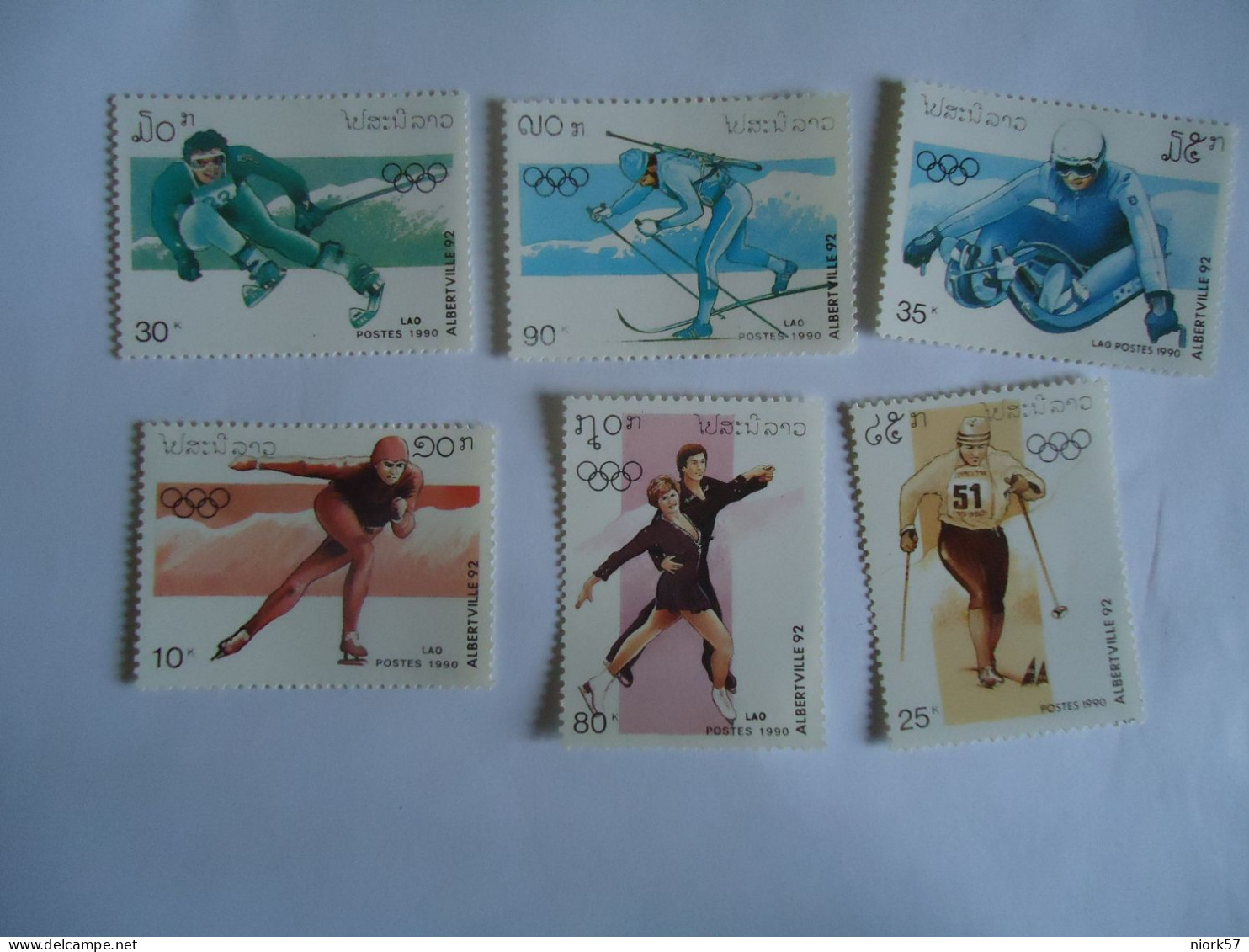 LAOS  MNH  STAMPS   SET  6  OLYMPIC  GAMES   ALBERTVILLE  1992 SKIERS - Hiver 1992: Albertville