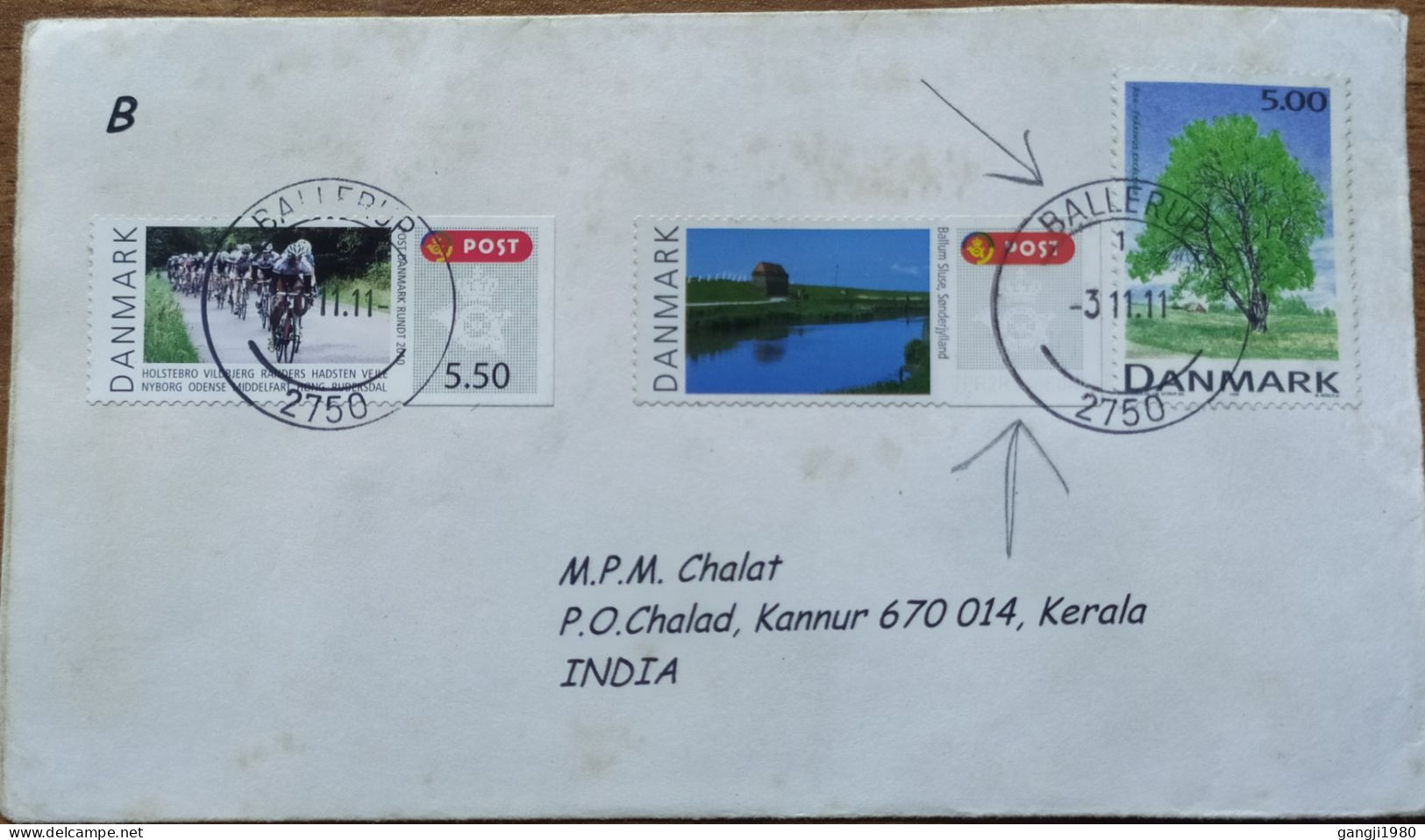 DENMARK 2011, COVER USED TO INDIA, 3 DIFF  STAMP, 2010 BICYCLE RACE, ERROR BALLUM SLUSEE STAMP WITHOUT VALUE, TREE, BALL - Otros & Sin Clasificación