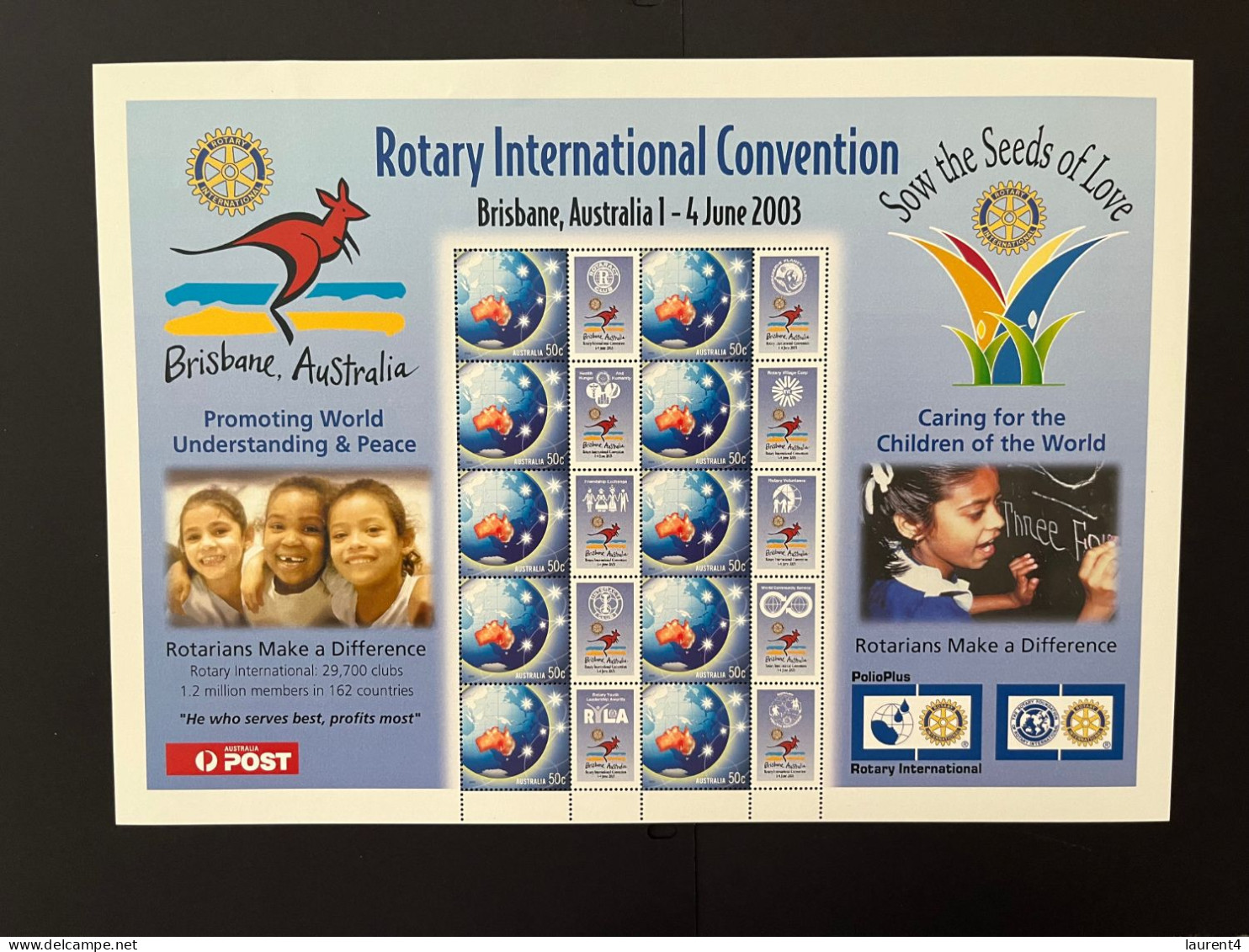 31-3-2024 (large) Australia -  Rotary International Convention 2003 (large) Sheetlet 10 Mint Personalised Stamp - Blokken & Velletjes