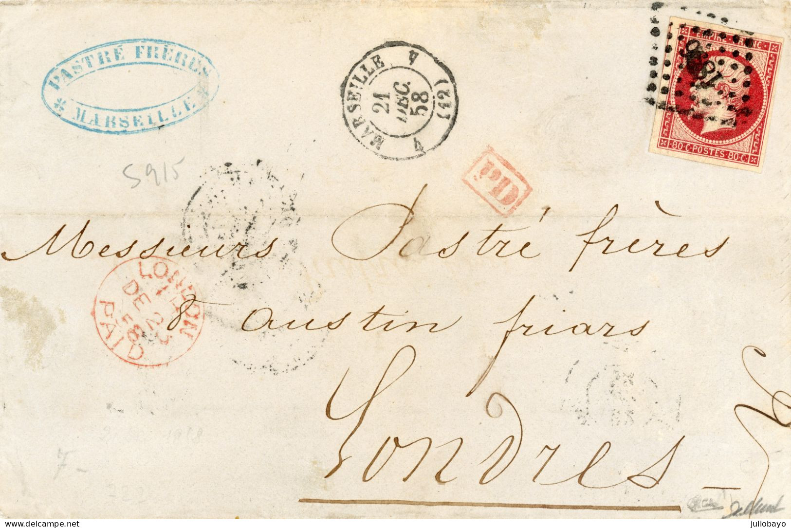 21 Decembre 1858 L.S.C. N°17A TTB PC 1896 Marseille Vers Londres ,signée Calves - 1849-1876: Klassik