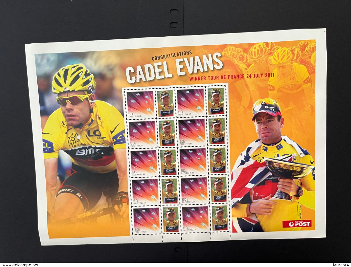 31-3-2024 (large) Australia -  2011 - Cycling - Cadel Evans (large) Sheetlet 10 Mint Personalised Stamp - Blokken & Velletjes
