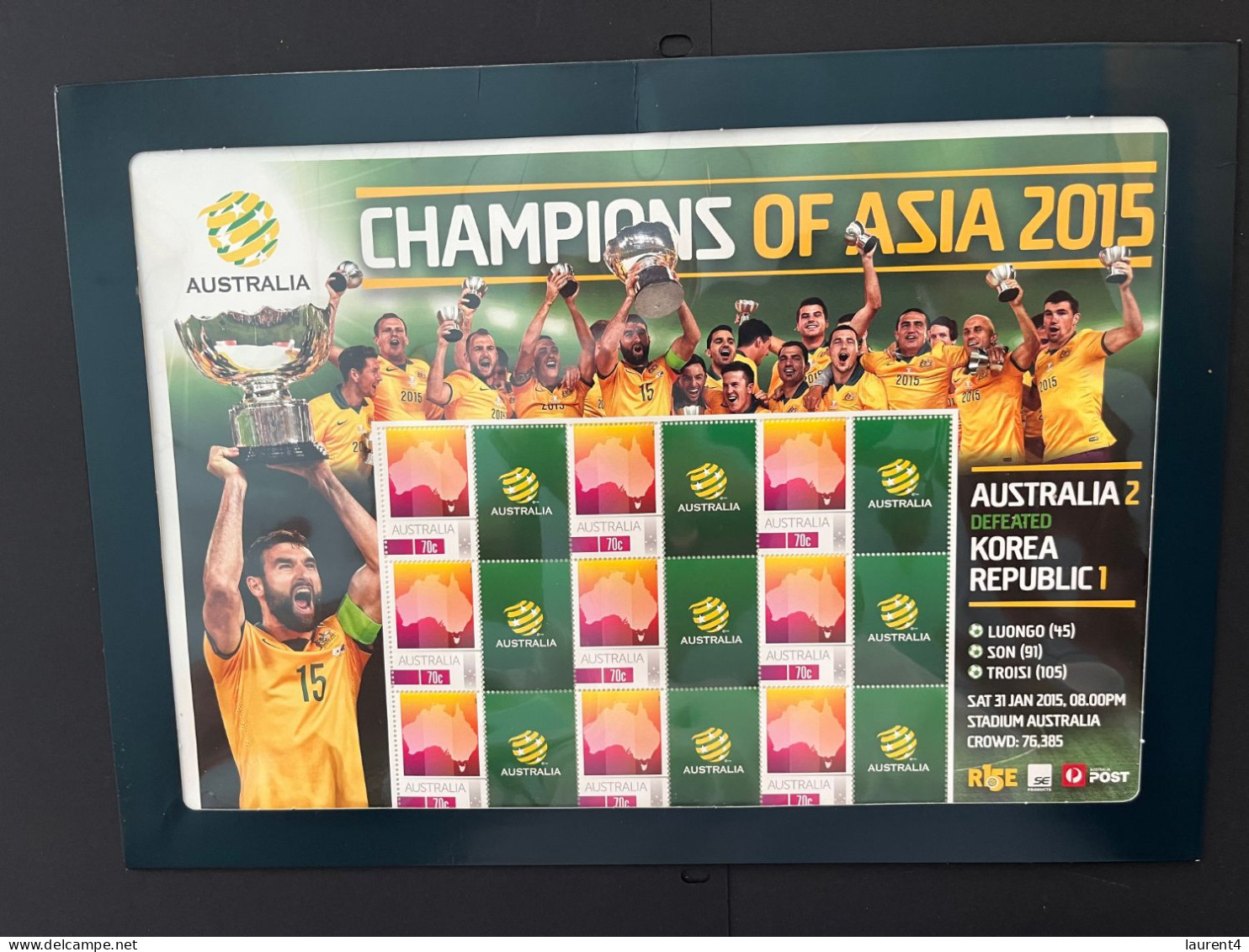 31-3-2024 (large) Australia -  Football - OZ Champion Of Asia 2015 (large In Pack) Sheetlet 10 Mint Personalised Stamp - Presentation Packs