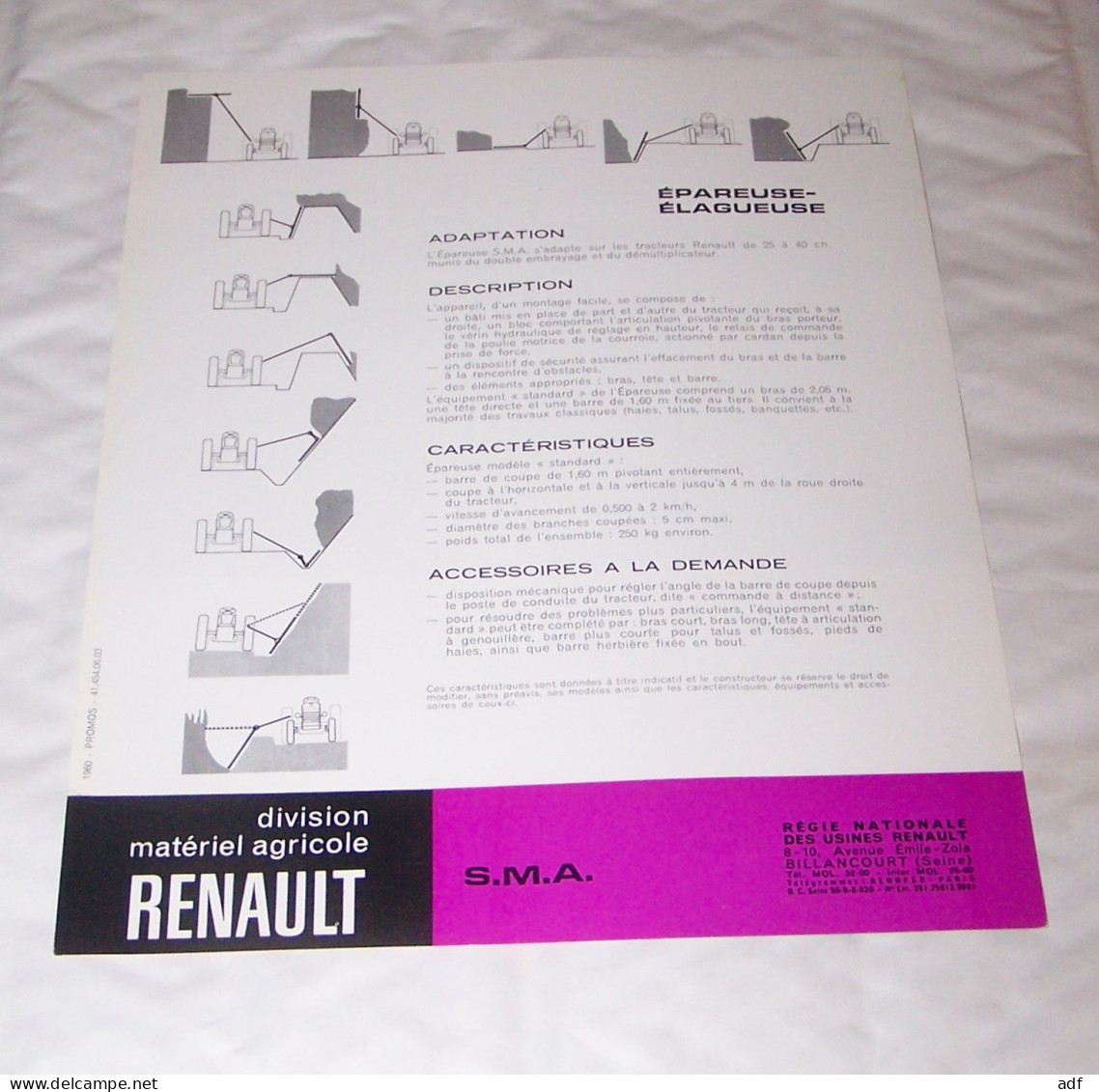 FEUILLET PUB PUBLICITAIRE MATERIEL AGRICOLE RENAULT EPAREUSE ELAGUEUSE S.M.A, SMA, ( TRACTEUR, TRACTEURS, MOTOCULTURE ) - Trattori