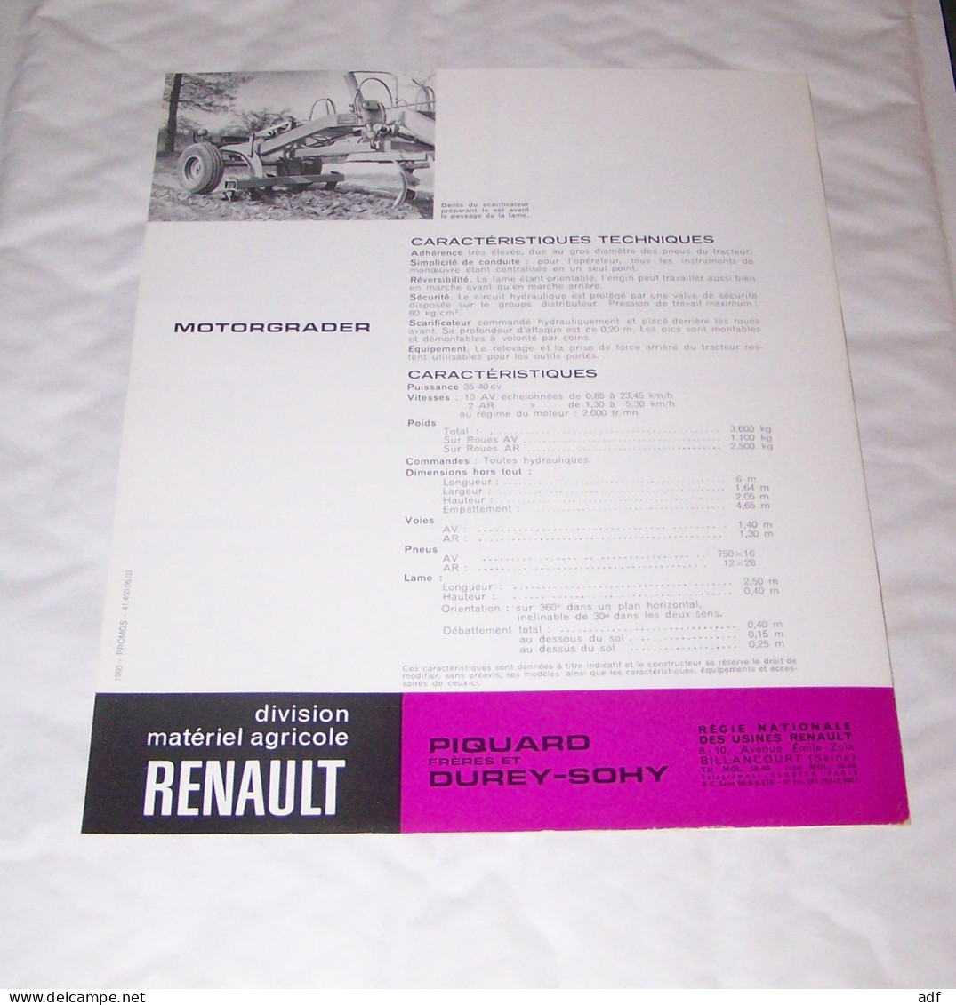 DEPLIANT PUB PUBLICITAIRE MATERIEL AGRICOLE RENAULT MOTORGRADER PIQUARD FRERES ( TRACTEUR, TRACTEURS, MOTOCULTURE ) - Tracteurs