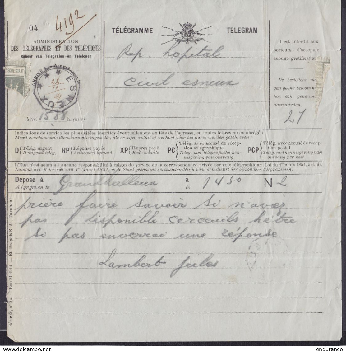 Télégramme Déposé à GRAND HALLEUX Pour L'hopital Civil D'Esneux Càd Fortune Octog. ESNEUX + Date Man.22/12/19 - Timbres Télégraphes [TG]