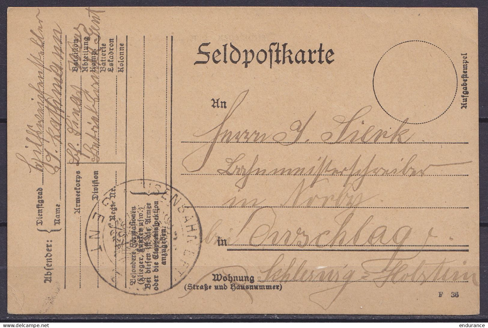 CP Feldposkarte Datée 17 Septembre 1915 De GAND Pour OWSCHLAG (Schleswig-Holstein) - Armée Allemande