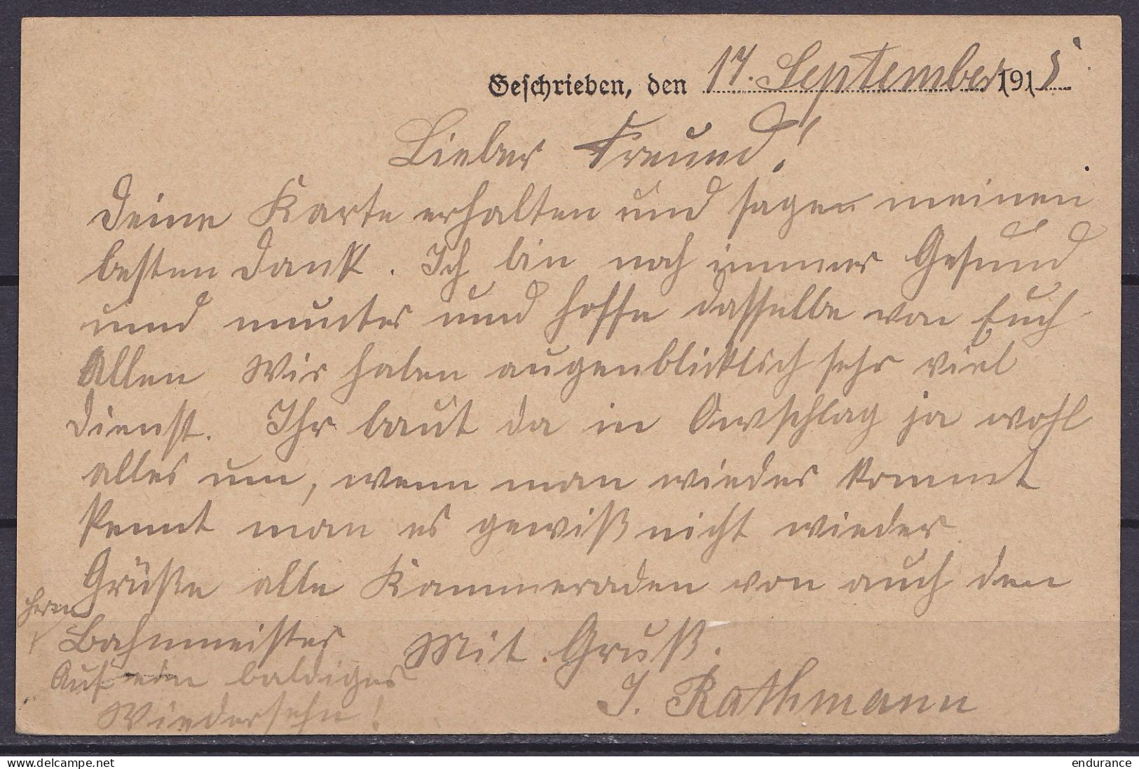 CP Feldposkarte Datée 17 Septembre 1915 De GAND Pour OWSCHLAG (Schleswig-Holstein) - Duits Leger