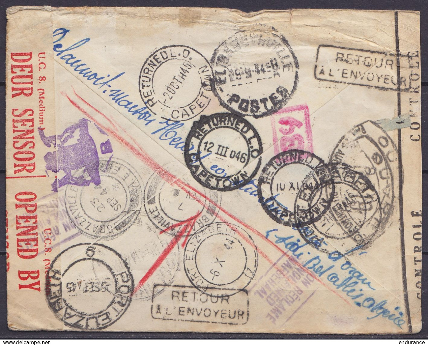 L. Par Avion Affr. N°644x2 (1 Tp Manquant) Càd SIDI BEL-ABBES 1944 Pour PORT ELIZABETH (Afrique Du Sud) - Bande Et Cache - Lettres & Documents