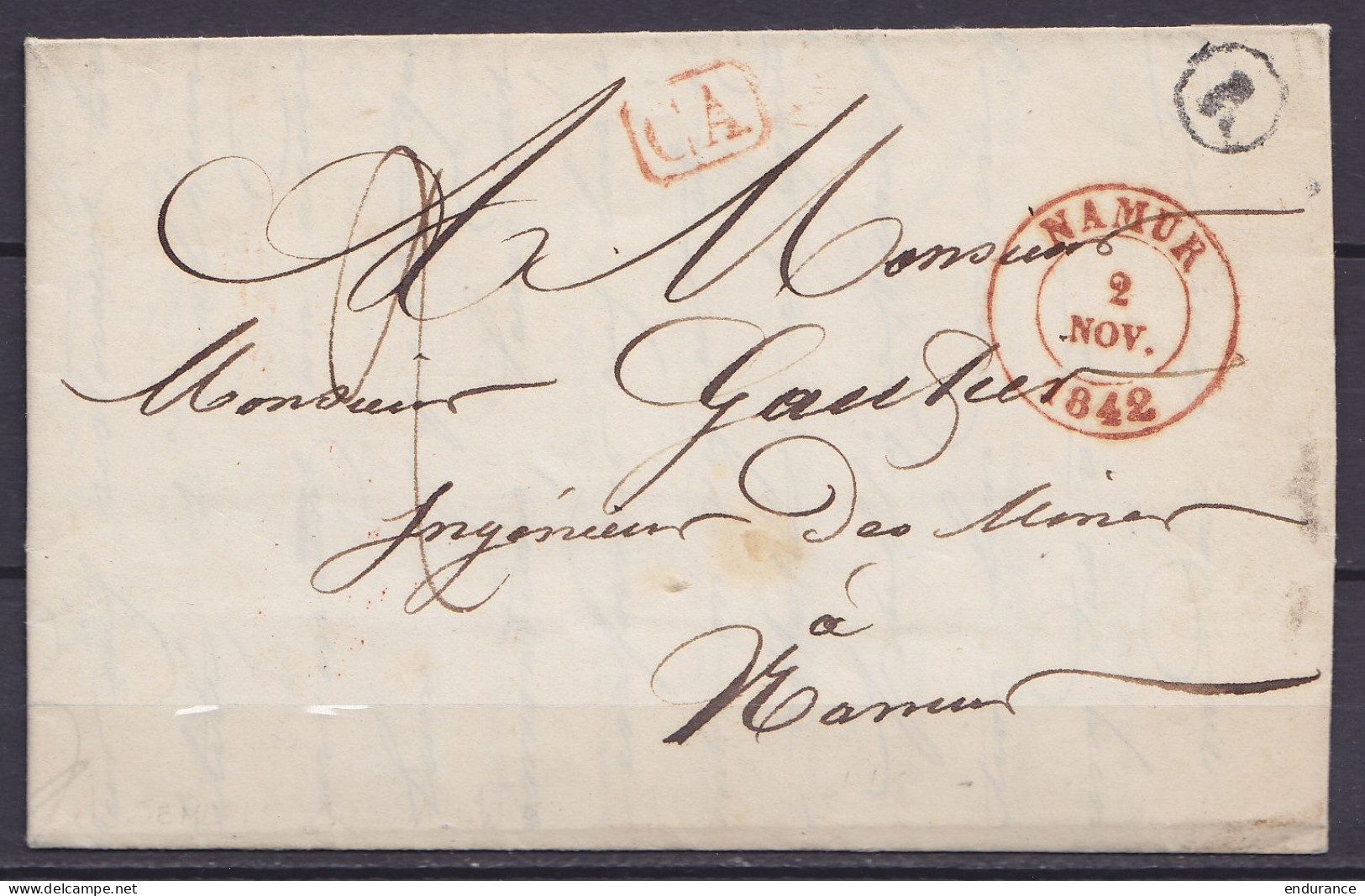 L. Du Charbonnage De JEMEPPE-SUR-SAMBRE Càd NAMUR /2 NOV 1842 Pour Ingénieur Des Mines à NAMUR - Boîte "R" - [CA] (Corre - 1830-1849 (Belgica Independiente)