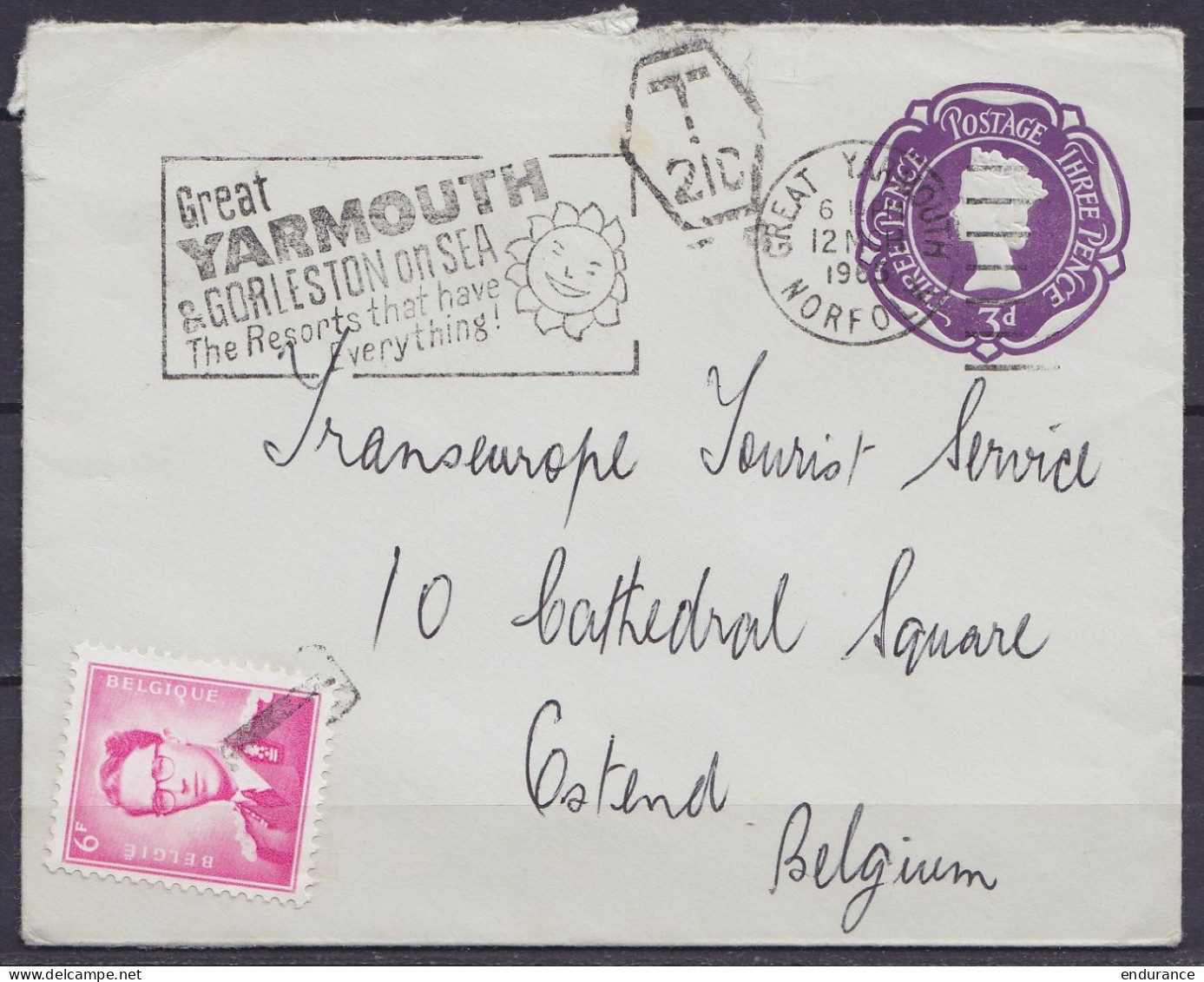 L. EP UK 3d Flam. GREAT YARMOUTH /12 NOV 1965 Pour OSTENDE - Taxée 6f (Baudouin Lunettes N°1069) - Lettres & Documents