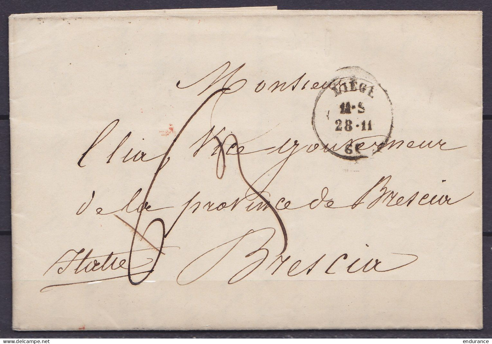 L. Càd LIEGE /28-11-1860 Pour Vice Gouverneur De  La Province De BRESCIA (Italie) Ports "6" & "3" (au Dos: Càd "AMB. DU  - Altri & Non Classificati