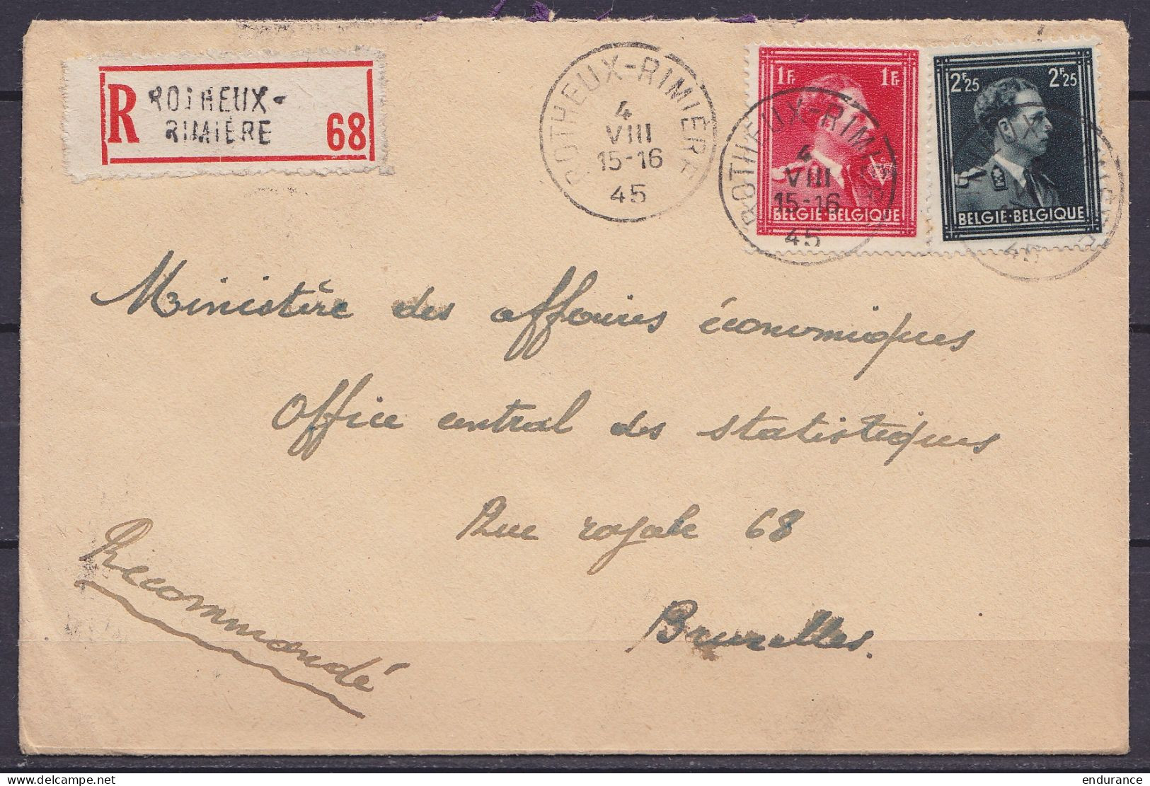 L. Recommandée Affr. N°644+690 Càd ROTHEUX-RIMIERE /4 VIII 1945 Pour BRUXELLES - 1936-1957 Open Kraag