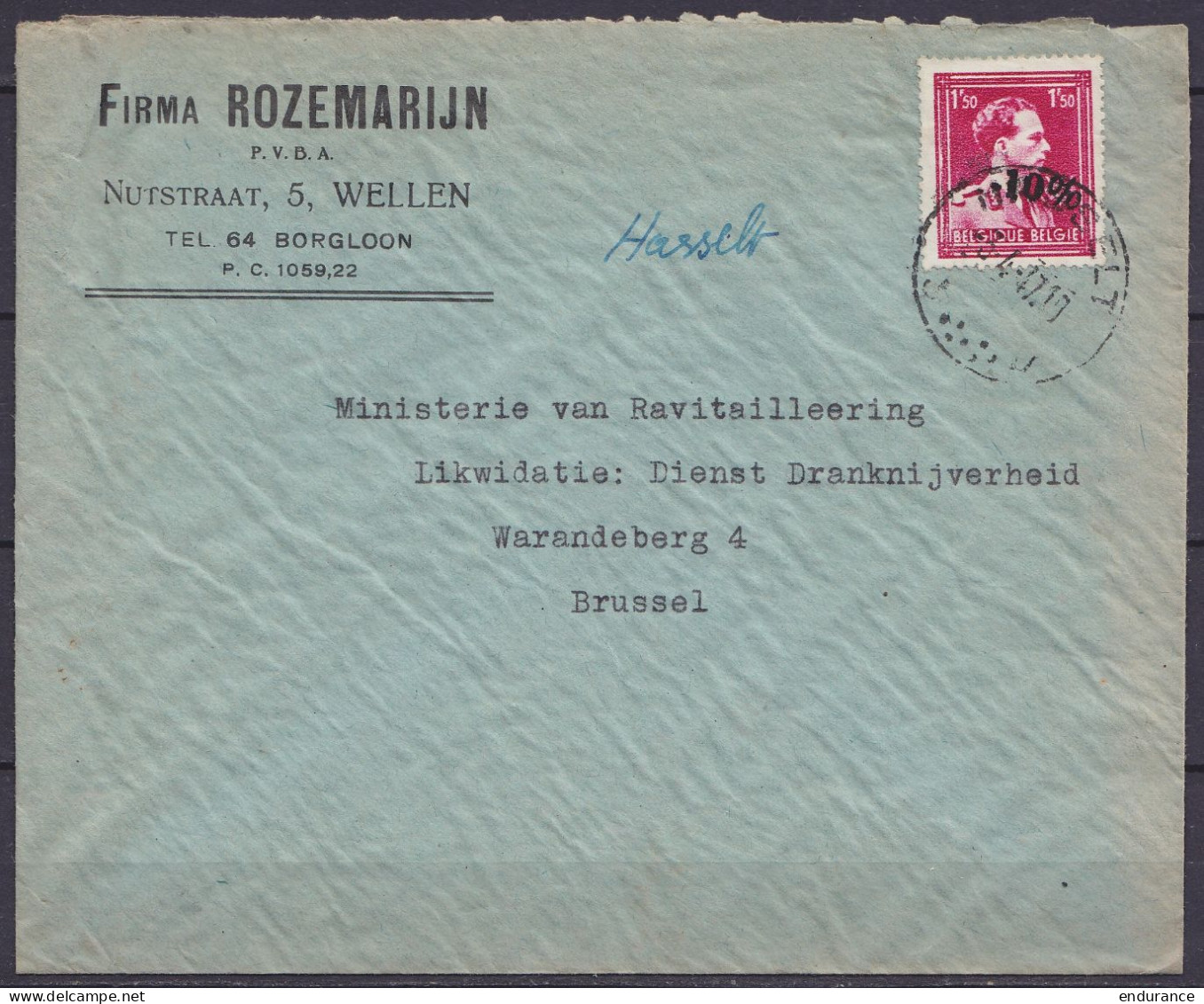 L. Entête "Firma ROZEMARIJN" Affr. N°724R Càd HASSELT /-3-4-1947 Pour BRUSSEL - 1946 -10%