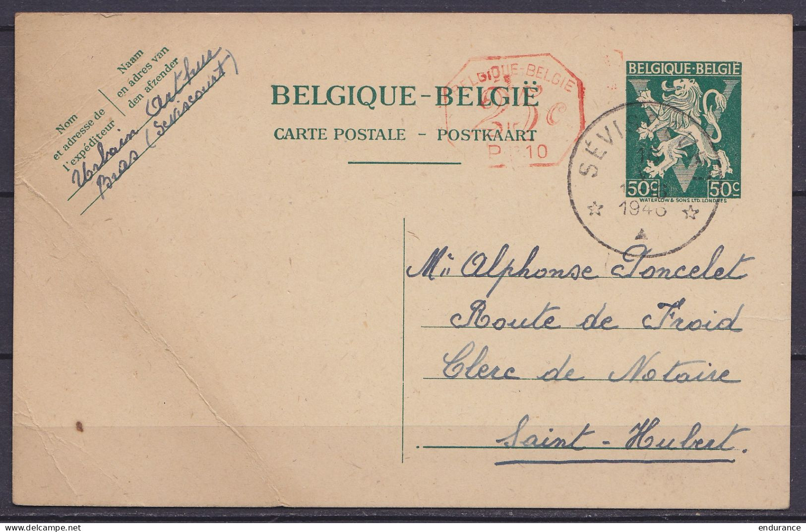 EP CP Lion Héraldique 50c Vert + 25c De BRAS Càd Relais *SEVISCOURT* /16 V 1946 Pour ST-HUBERT - Cartes Postales 1934-1951